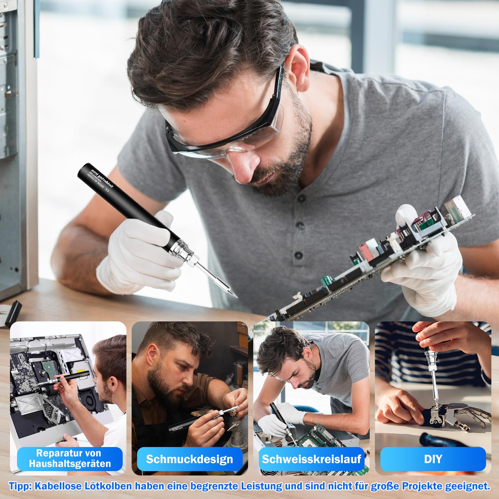 KKMOL zestaw do lutowania, akumulator USB do lutowania z 3 stopniami regulacji temperatury 330°C – 450°C, 3 groty lutownicze, stojak do lutownicy, drut lutowniczy, profesjonalna bezpieczna lutownica
