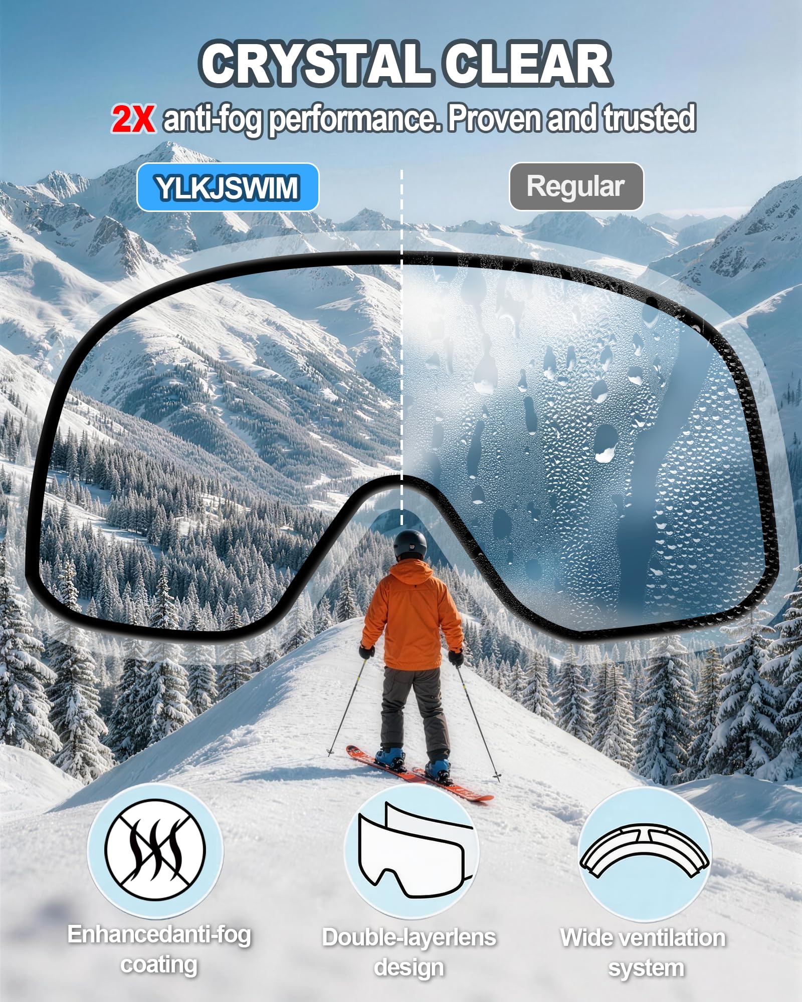 Lunettes de ski pour homme et femme, verres double couche, anti-buée et anti-rayures, protection à 100 % UV, lunettes de planche à neige pour adultes et jeunes, motoneige, parachutisme