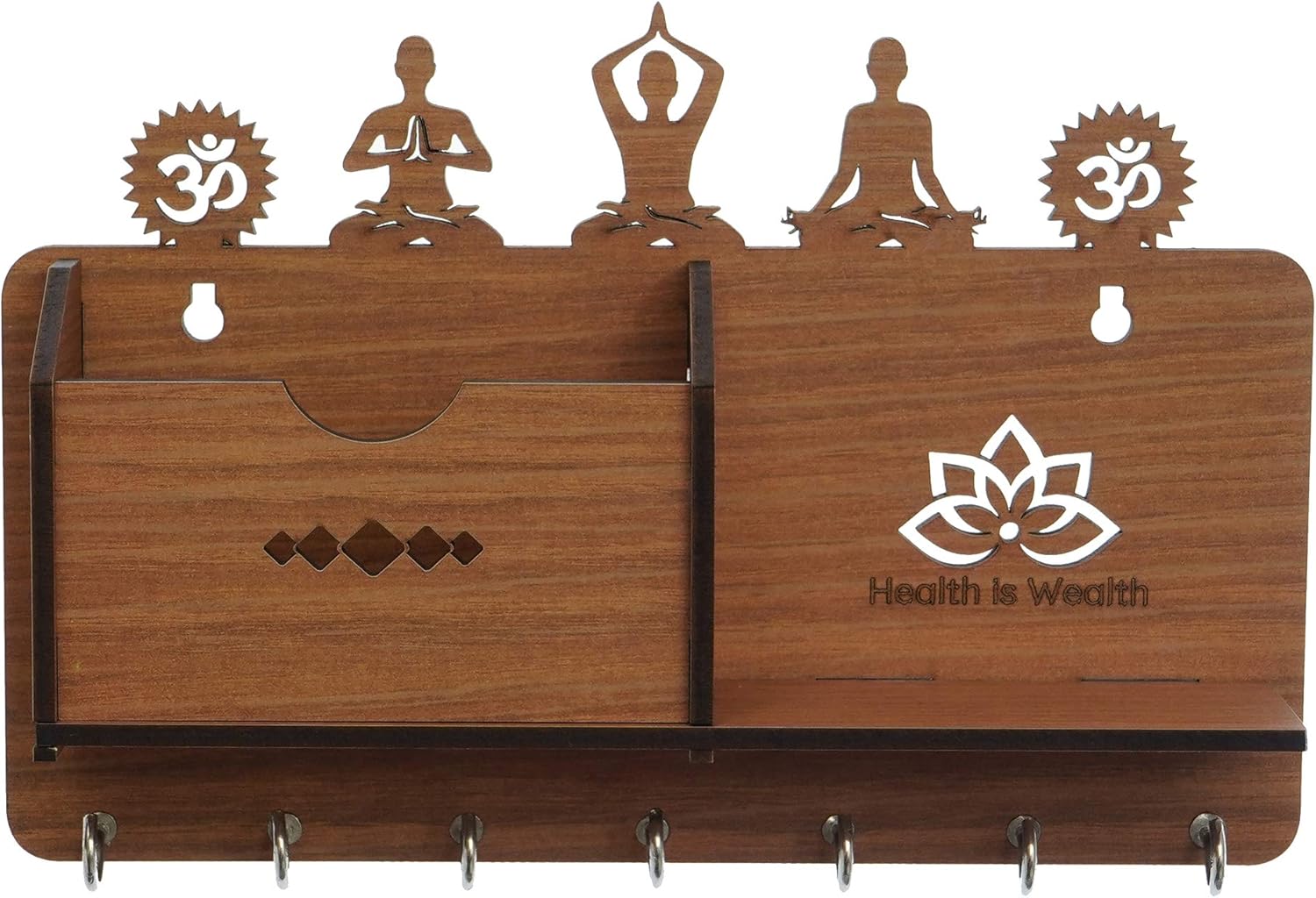 Webelkart Designer Yoga Side Shelf-Brown Wall Shelves Wooden Shelf, Keyholder (with 7 Keys Hooks)