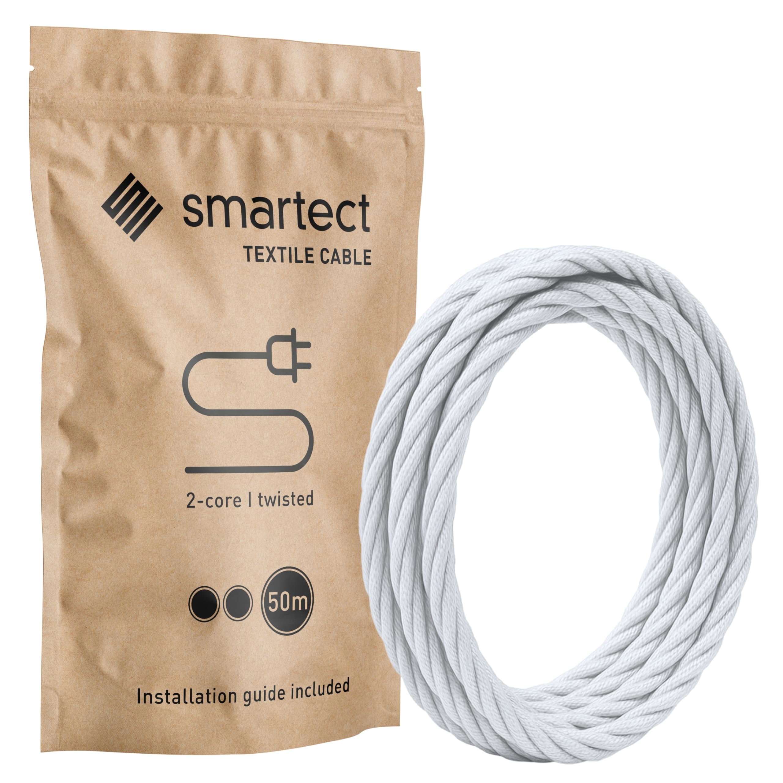smartect Braided Cable twisted, White, 50 Metres 2 Core Electrical Cable (2 x 0.75mm²) Vintage Fabric Electrical Wire for your DIY project
