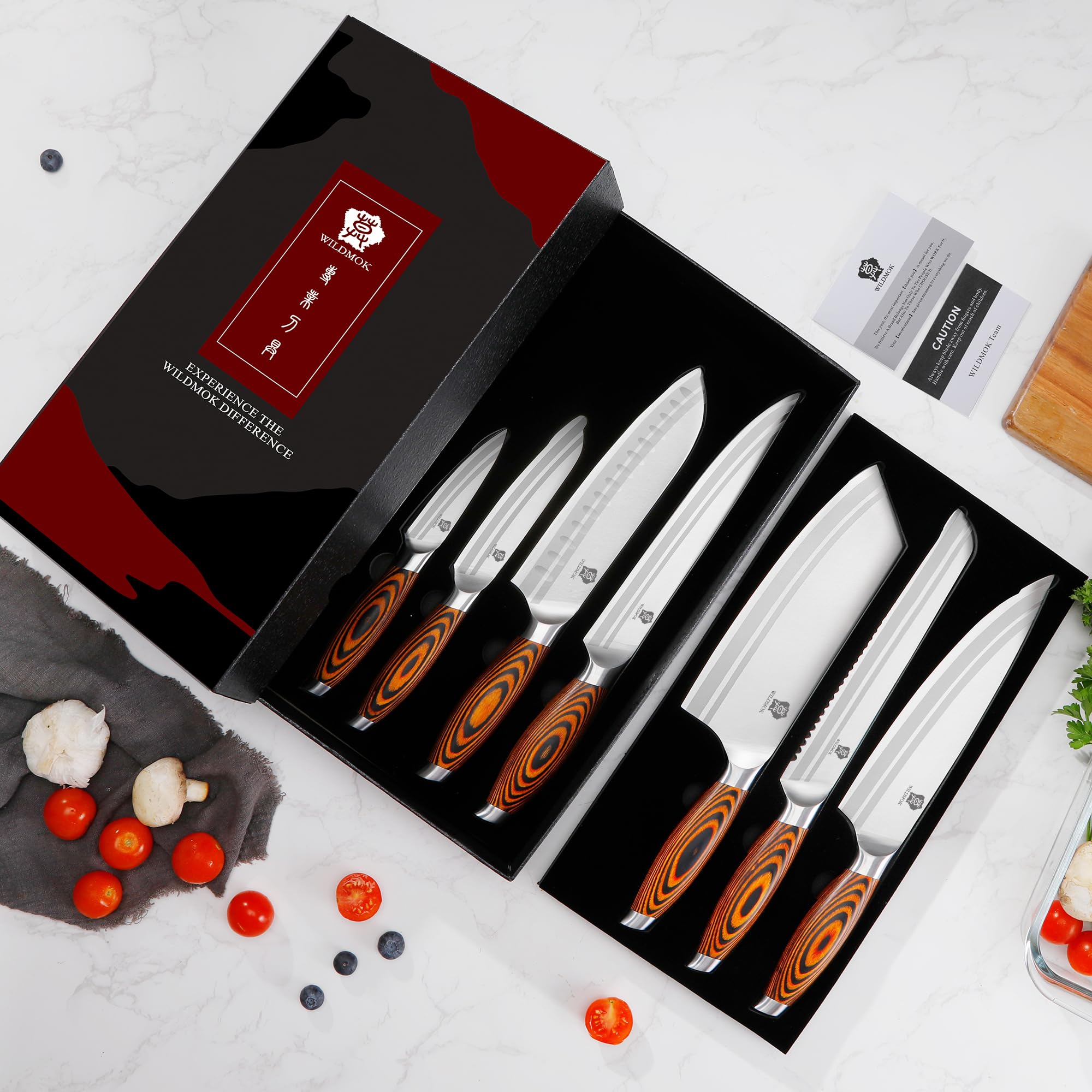 WILDMOK Set di coltelli da cucina 7 pezzi con manico in legno di pakka premium Set di coltelli in acciaio tedesco include set di coltelli da chef mannaia