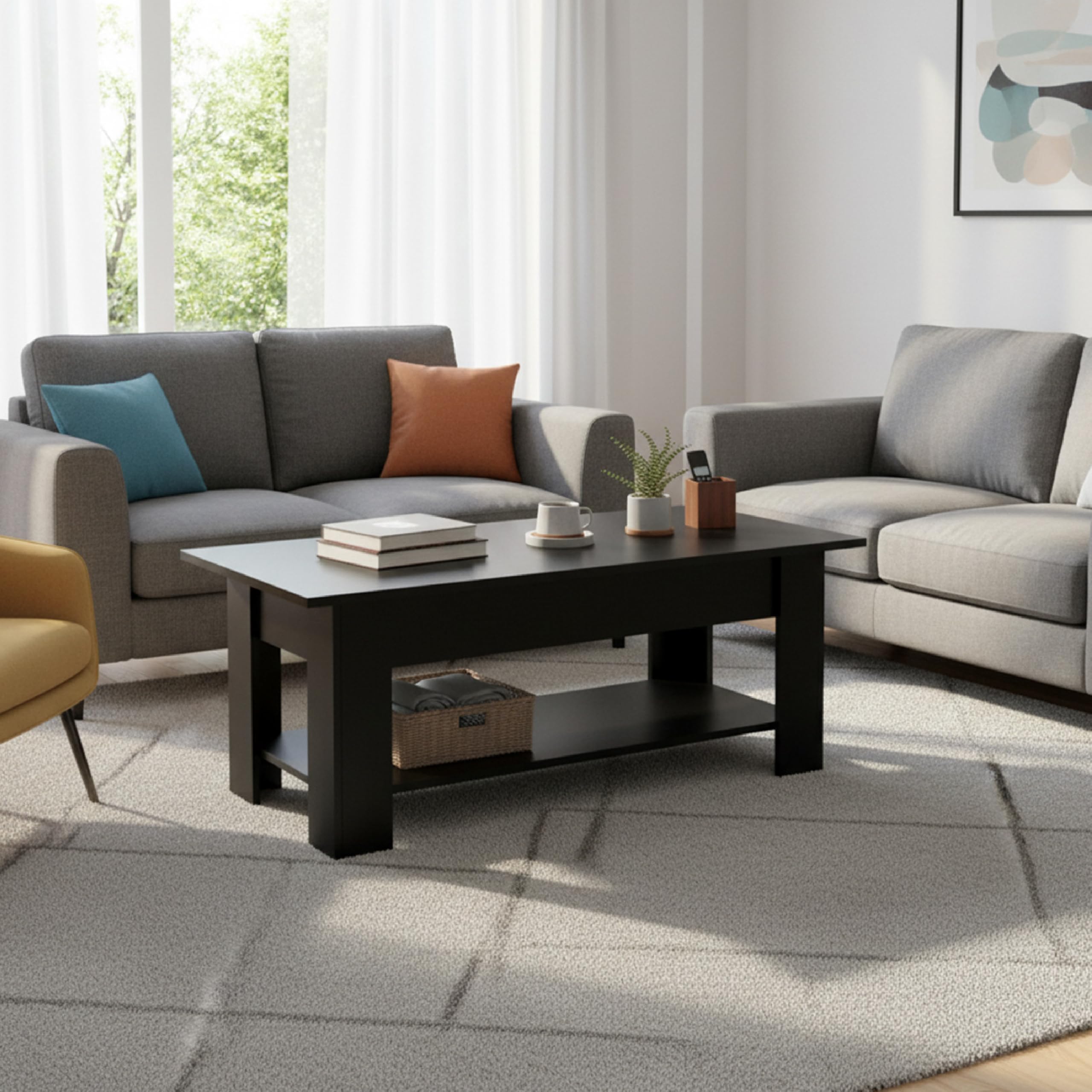Baroni Home Tavolino da Caffè con Piano Sollevabile, Contenitore Interno, Tavolino Nero da Salotto Moderno con Ripiano, Tavolo Salvaspazio per Soggiorno, 100x40x41,5 cm