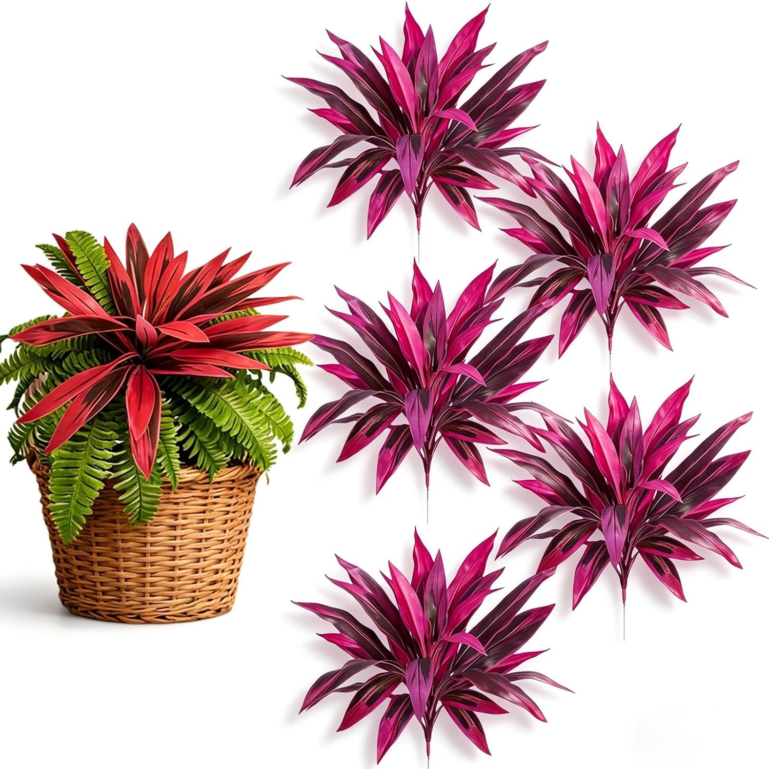 Artificial Ti Plant, 2026 New Artificial Red Cordyline Ti Plants, Large Artificial Boston Fern Dragon's Blood Tree Plants, Vibrant Pink Purple Faux Plants for Garden Patio Balcony Decor (Ti Plant*5)