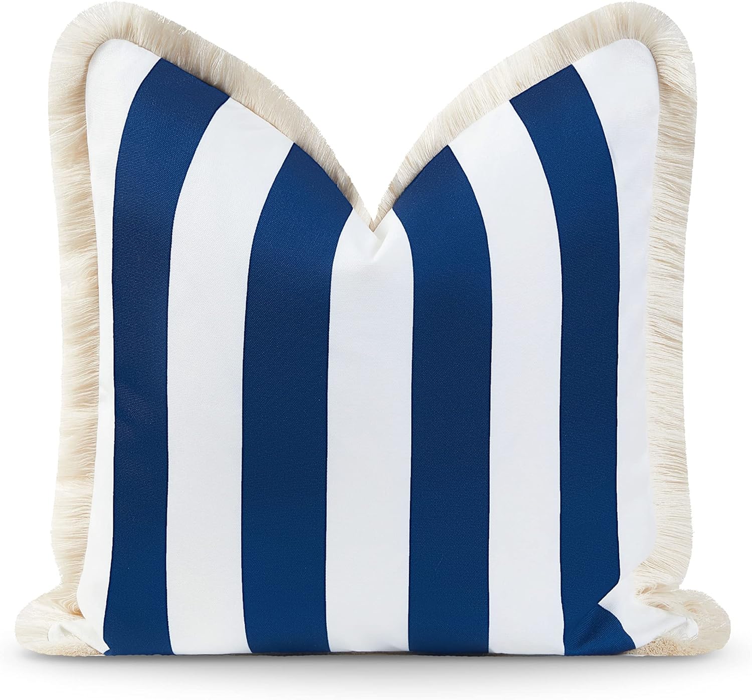 Hofdeco Premium Coastal Patio Indoor Outdoor Pillow Cover Only, 20"x20" Water Resistant for Backyard, Couch, Yellow Stripe Fringe