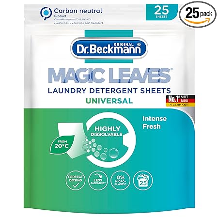 Dr. Beckmann MAGIC LEAVES Laundry Detergent Sheets, 25 Universal Sheets | Convenient and Pre-Dosed Laundry Detergent Sheets | Dissolvable & Climate Neutral