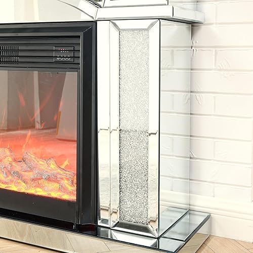 Miniatura 3 de DEINPPA Soporte de TV eléctrico con espejo con diamantes de imitación, chimenea independiente con chimenea de esquina con efecto de llama realista