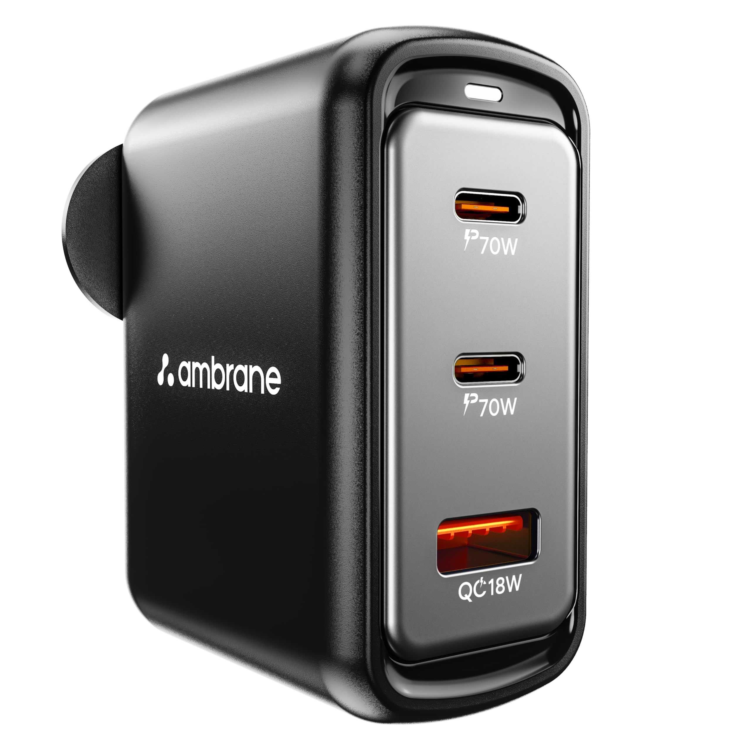 Ambrane 70w Fast Charging Adapter GaN Charger | 3 Ports (2 Type C & 1 USB) || BIS Certified, for iPhone 16/15/14 Samsung, Type C Laptops: MacBook, Dell, ASUS, Fast Charger PD Technology (Charge 70)-image-29