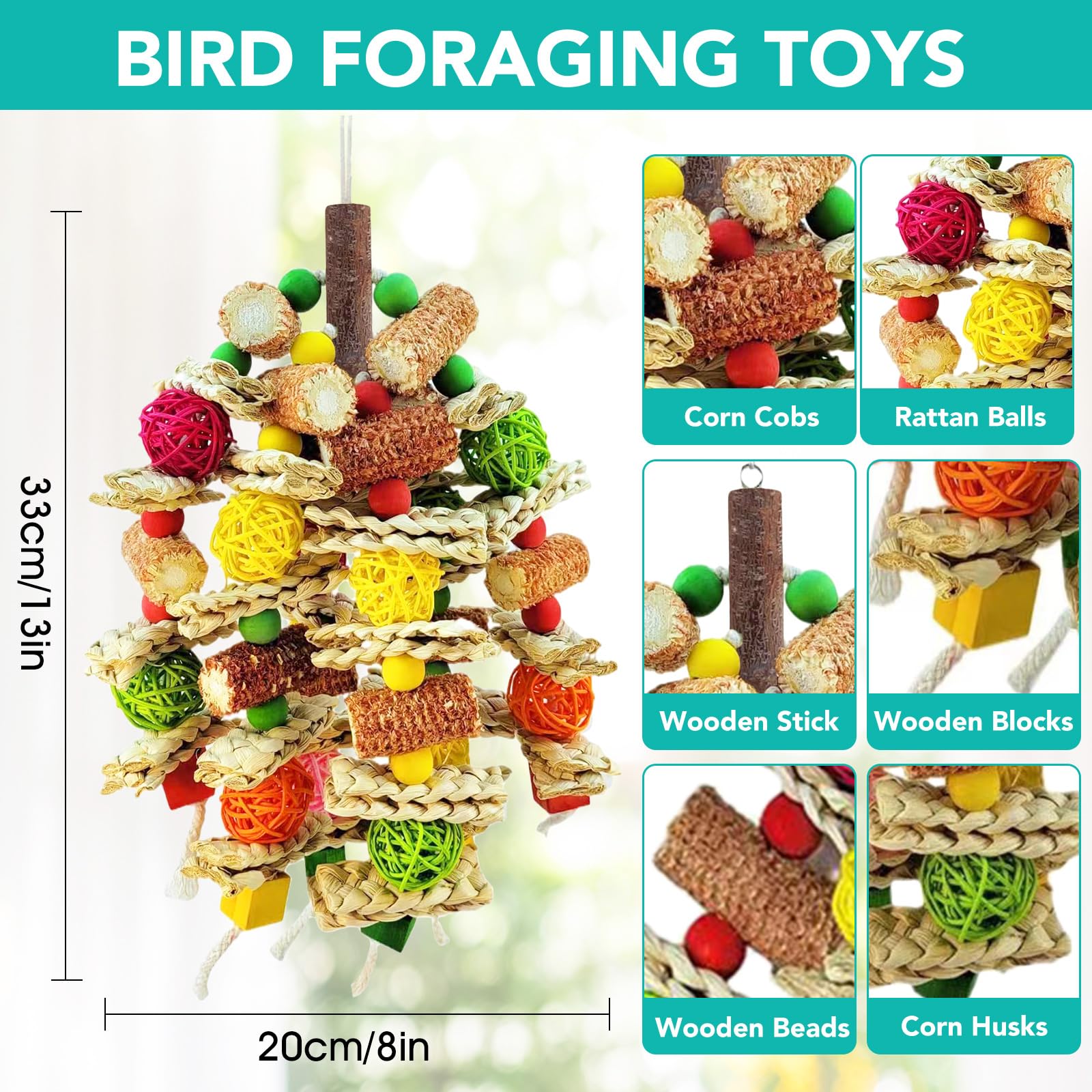 Parrot Chew Toy, Natural Material Bird Foraging Toy for Conures, Quaker Parrots, Medium-Sized Birds - Colorful Hanging Shredding Toy with Woven Ball, Corn Cob and Wooden Beads - image 2