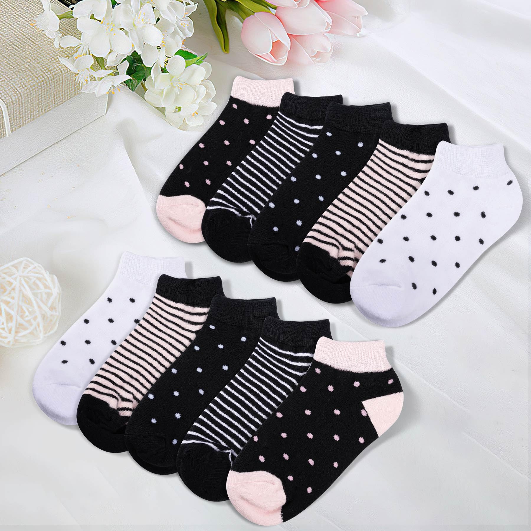 FALARY 10 Paar Sneaker Socken Damen 35-38 39-42 Kurzesocken Sportsocken Sneakersocken Damen Bunte mit Streifen und Punkten