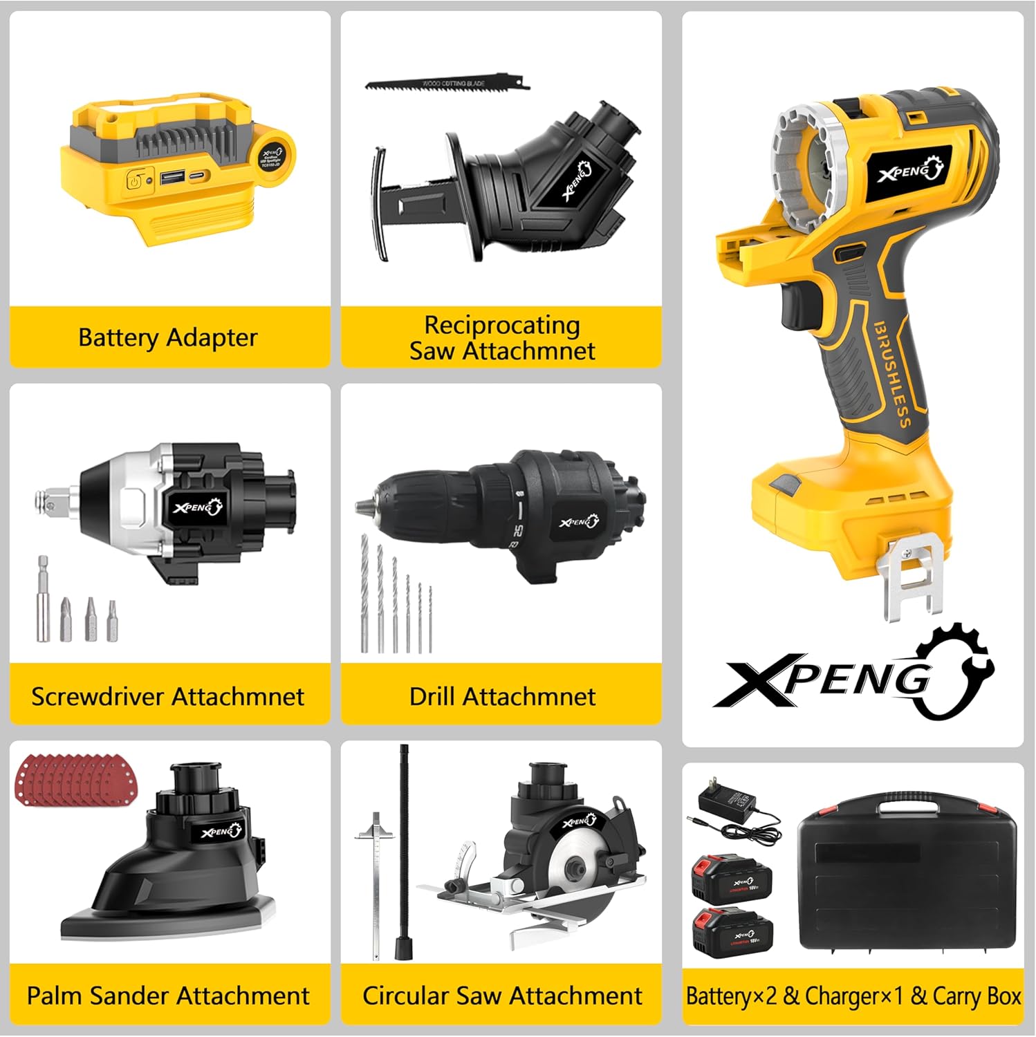XPENG Cordless Power Tool Combo Kit 18V 6-Tool Set Circular Saw, Palm Sander, Drill, Impact Driver, Reciprocating Saw, Battery Adapter with 2×4.0Ah Batteries and Fast Charger Cordless Power Tool Set