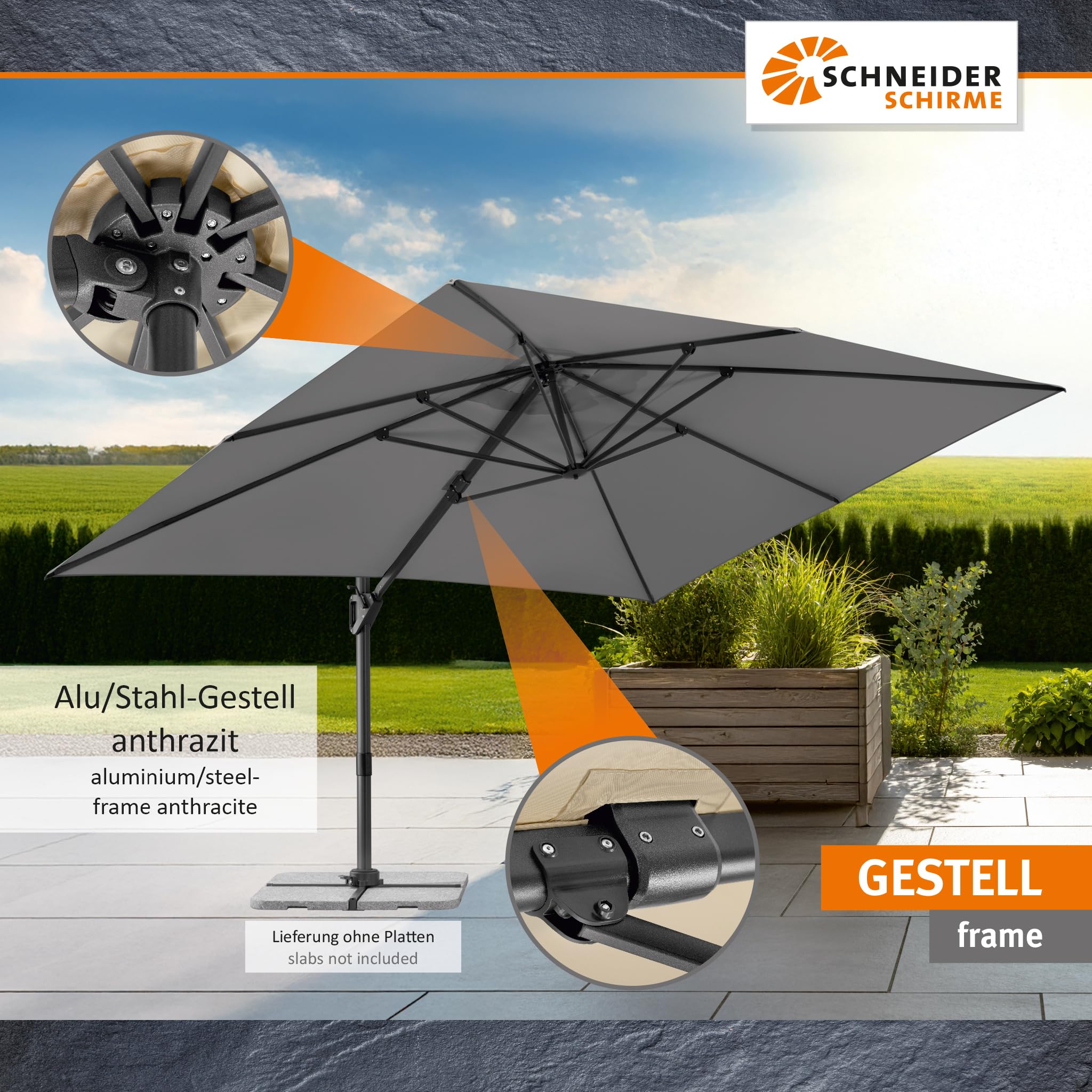 Schneider Ampelschirm TAVO 400 x 300 cm – UV-Schutz, 360° drehbar, neigbar, air-vent, lichtecht, inkl. Plattenständer & Schutzhülle – anthrazit/natur