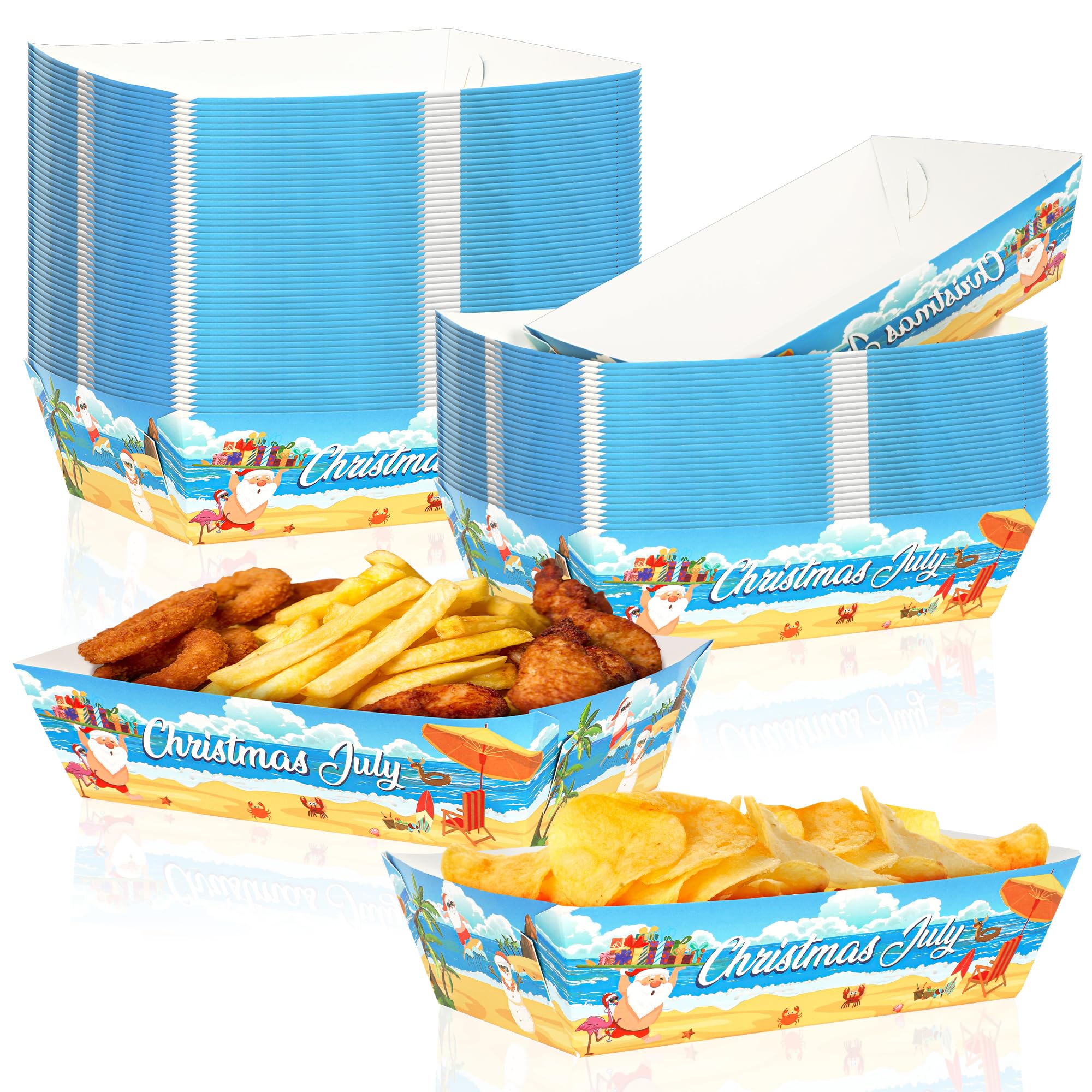50Pcs Summer Christmas Paper Food Trays, Heavy Duty Disposable July Christmas Decorations Santa Food Boats, Serving Tray for Snack Sandwich Dessert Popcorn, Hawaii Theme Beach Pool Party Supplies?