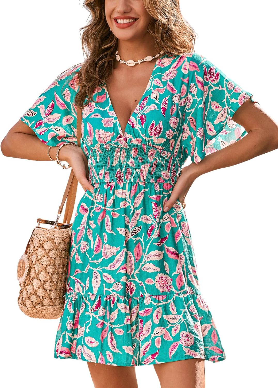 CUPSHE Women Summer Dress Plunging Neck Ruffle Sleeve Beach Vacation Mini Dress Smocked Elastic Waist Casual Sun Dress