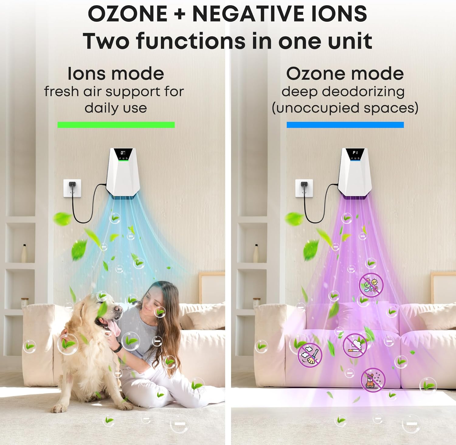 Ozone & Negative Ion, 99% Odor Eliminator for Strong Odors, Cat Litter Box Deodorizer, Air Ionizers for Dog Poop Odor Removal, for Toilet, Wardrobe, Shoe Closet, Garage, Room, Cabinet, White