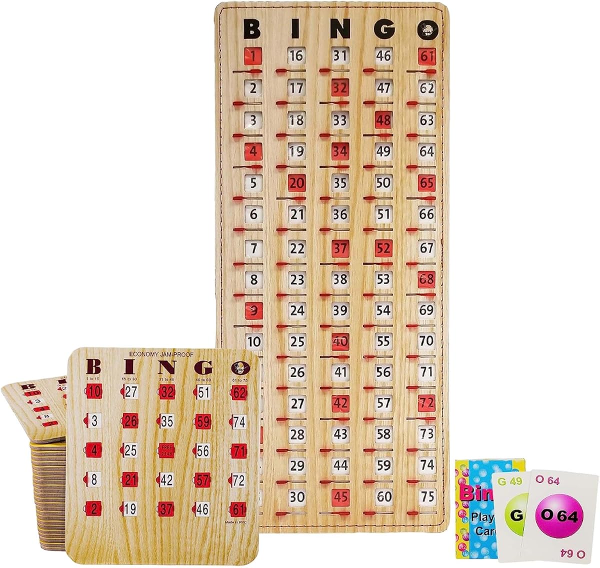 Tarjetas de BINGO a prueba de atascos con ventanas deslizantes, 25 tarjetas de persiana reutilizables, 75 tarjetas de llamadas 1 placa maestra en estilo de grano de madera bronceada
