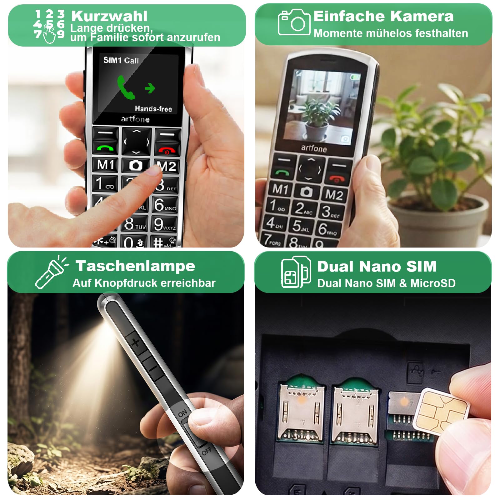 artfone Volte - Telefono cellulare 4G per anziani, senza contratto, con tasti grandi, con pulsante di chiamata di emergenza e batteria da 1800 mAh, doppia SIM con stazione di ricarica da tavolo