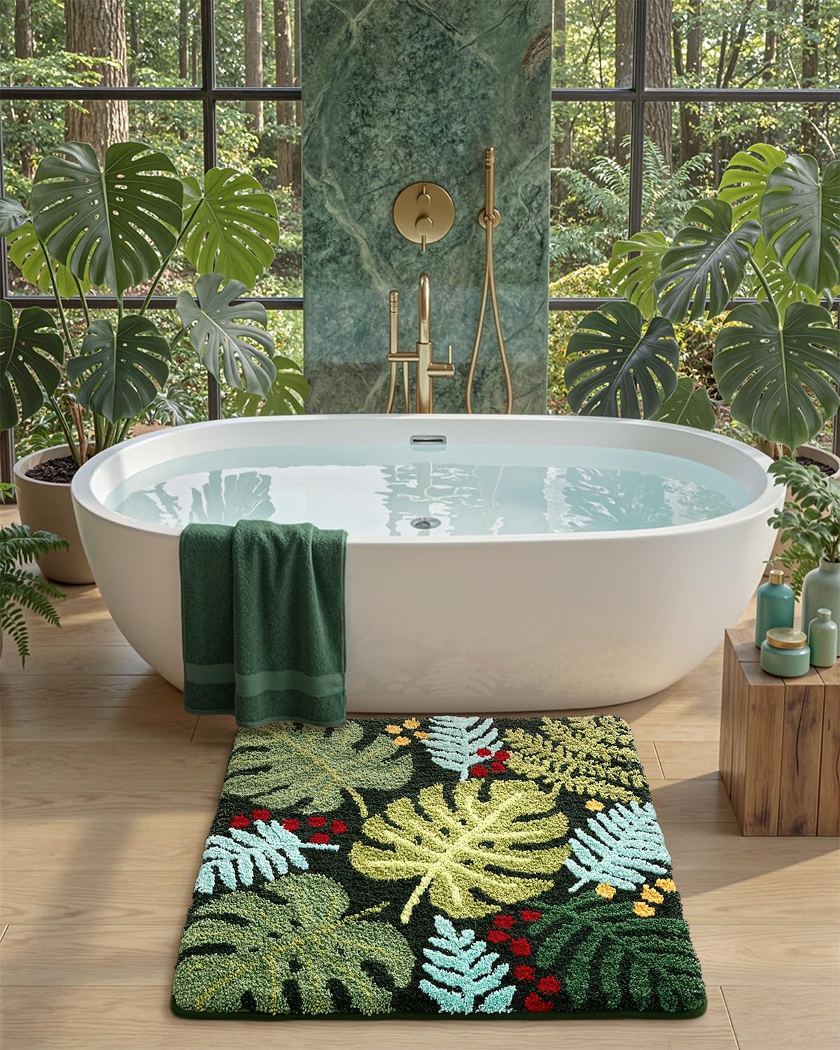 DEXI Monstera Bathroom Rug, 31x31 Square Green Leaf Bath Mat, Tropical Forest Bath Rugs, Non Slip, Washable, Absorbent, Soft Microfiber Deliciosa Embossed Plant Bathmat for Shower Floor