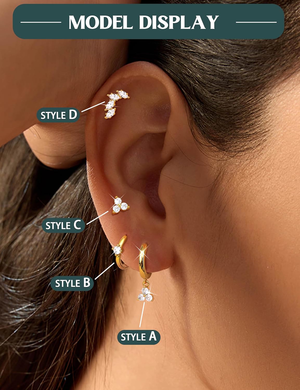 Florideco 925 Sterling Silver Earrings for Women Trendy Hypoallergenic Small Gold Hoop Earrings 14K Gold Plated Stud Earring Sets for Multiple Piercing CZ Ear Cuff Cartilage Earring Stacks - Image 4