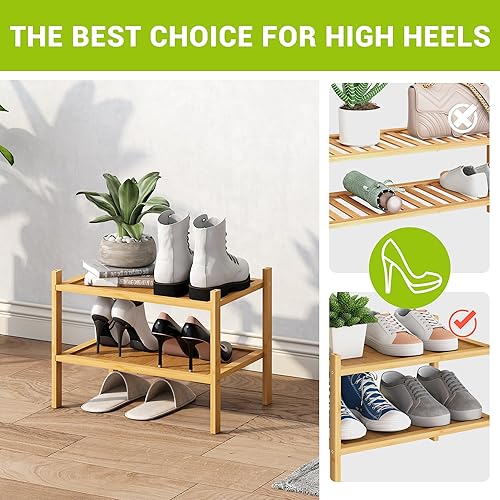 Miniatura 4 de BMOSU Zapatero pequeño de bambú de 2 niveles apilable de alta calidad, organizador de almacenamiento para pasillo, armario, sala de estar,