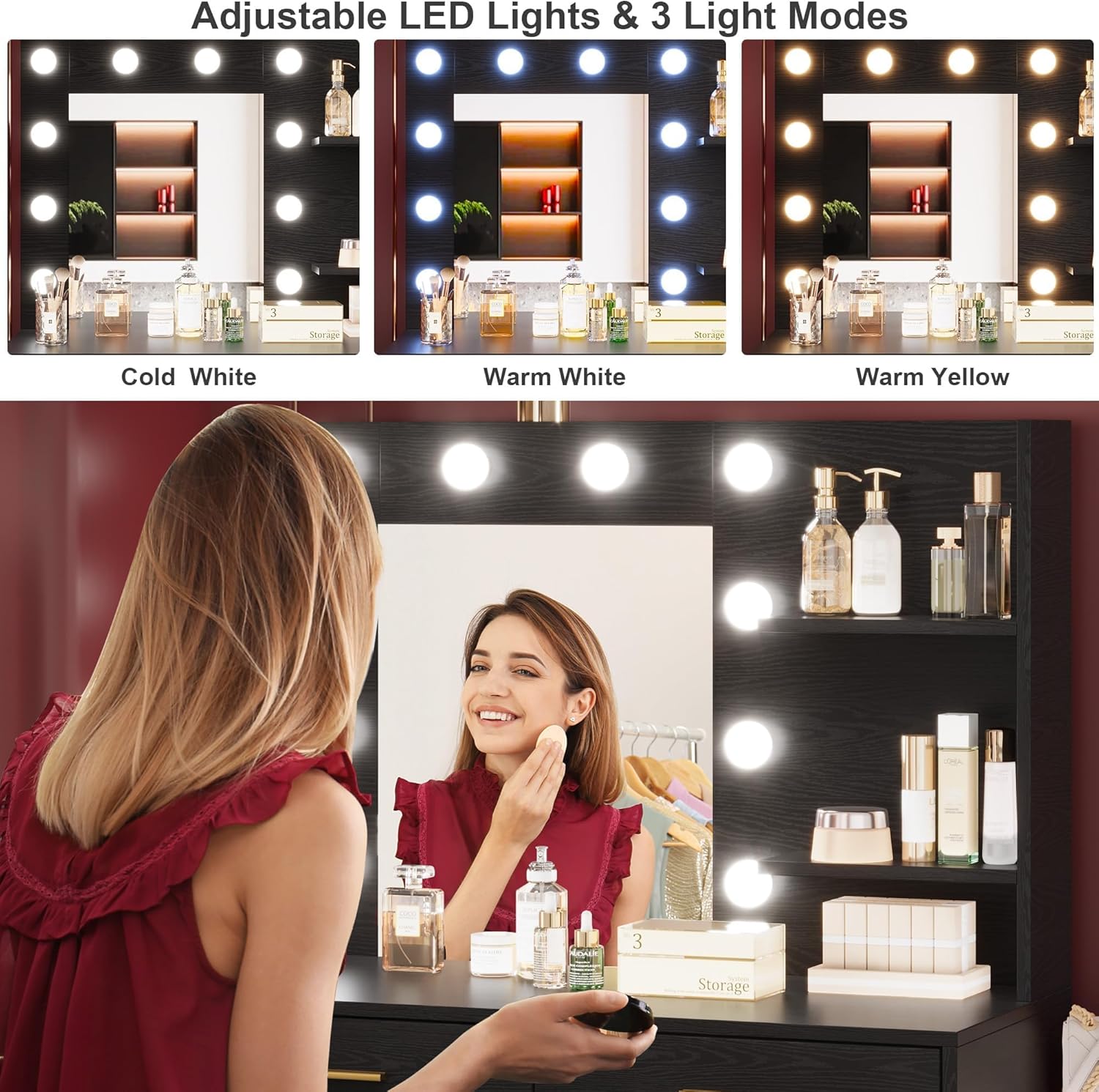 GAOMON Vanity Desk Table with Lighted Mirror 61“ Girls Makeup Vanity with 8 Stroge Drawers, 3 Colors Lighting Adjustable,Brightness Vanity Table for Women Bedroom Dressing Room