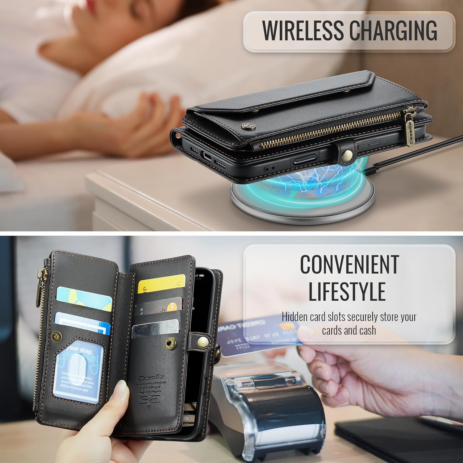 for iPhone 17 Case, Women Men Multi-Function Wallet Case with Stand RFID Blocking Featuring Magnetic Closure Zipper Includes Shoulder Strap Wrist Strap (Black)