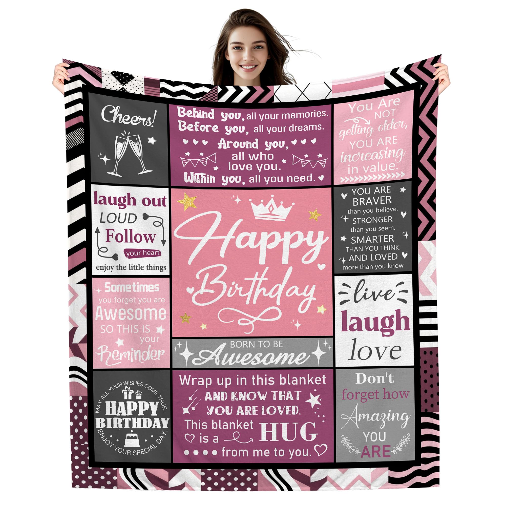 Birthday Gift Blankets for Women Girls, Happy Birthday Blankets Ideas for Daughter Sister Granddaughter Mum Grandma Auntie Friends Girlfriend Husband Gift for Her (pink)
