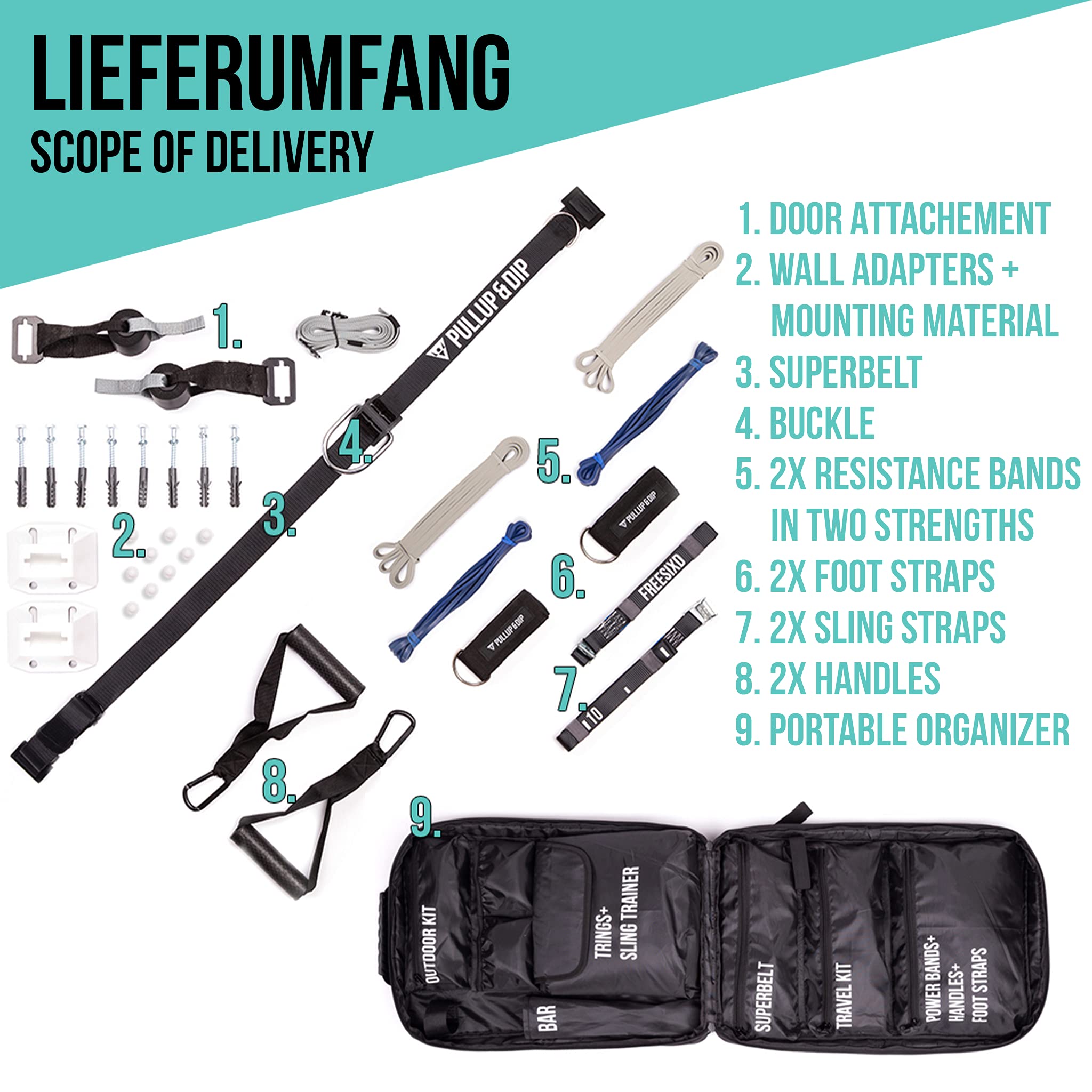 FREESIXD Suspension and Résistance Trainer Set - Équipement d'entraînement Complet Comprenant Un entraîneur à Sangles, des Bandes de résistance, des ancrages de Porte, Une Barre de Fitness et Un Sac.
