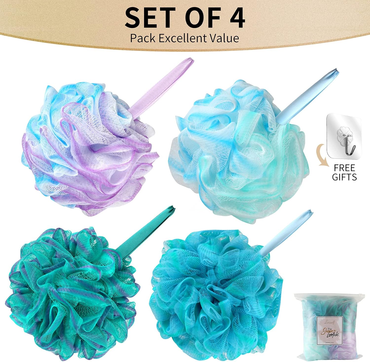 Shower Loofah - Loofah Sponge - Liriaelf Bath Sponge for Shower,75g Shower Ball for Women and Men, Shower Essential Skin Care, Sets of 4, Flower Color : Beauty & Personal Care