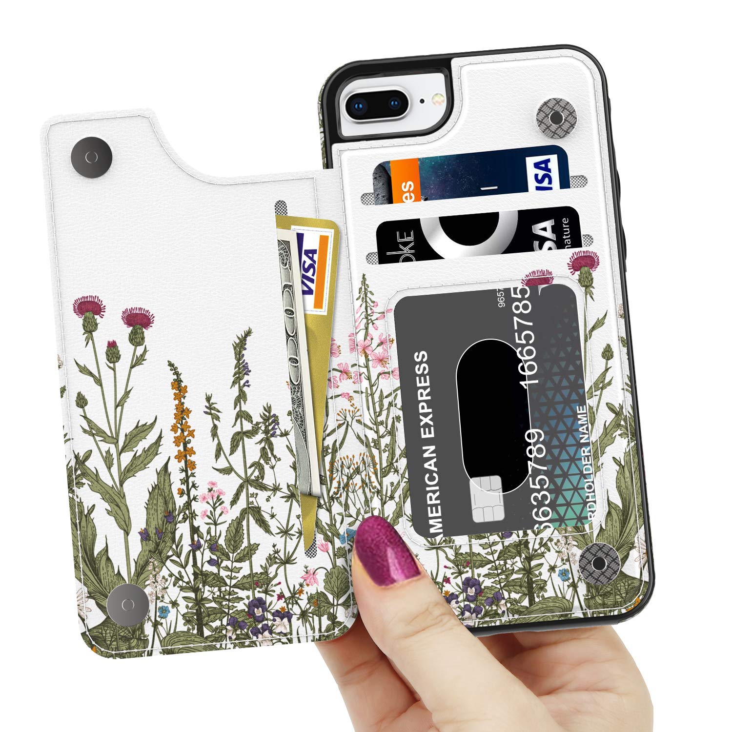 LETO iPhone 8 Plus Case,iPhone 7 Plus Case,Flip Folio Leather Wallet Case with Floral Designs,Kickstand Card Slots Cover,Protective Phone Case for iPhone 7 Plus/iPhone 8 Plus Purple Floral Leaves