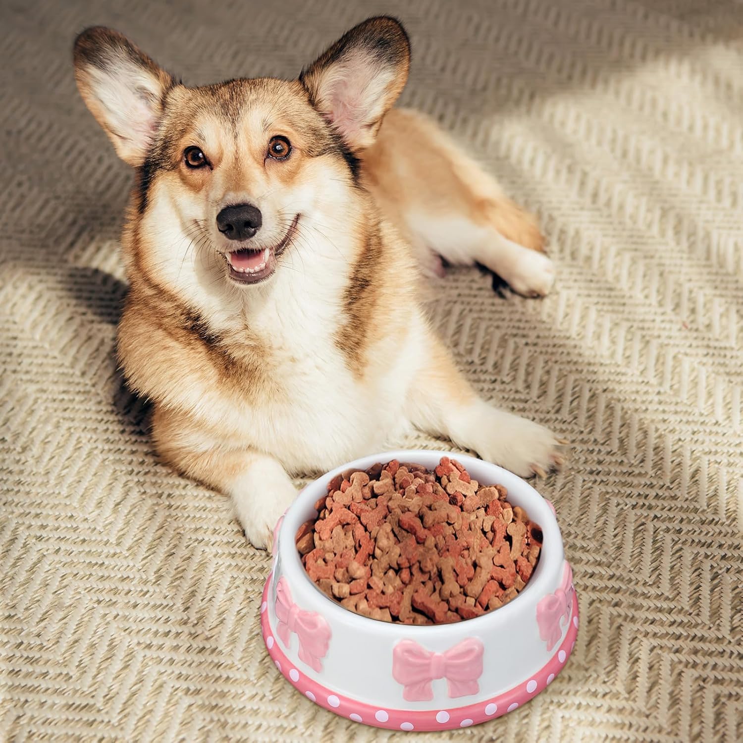Reallnaive Pink Bow Ceramic Bowl for Small Dog and Cat Cute Bowtie Pet Bowl for Food Water Macaron Pink Dish Pets Feeding Bowls Suitable for Small Cat Dogs(1 Pcs)