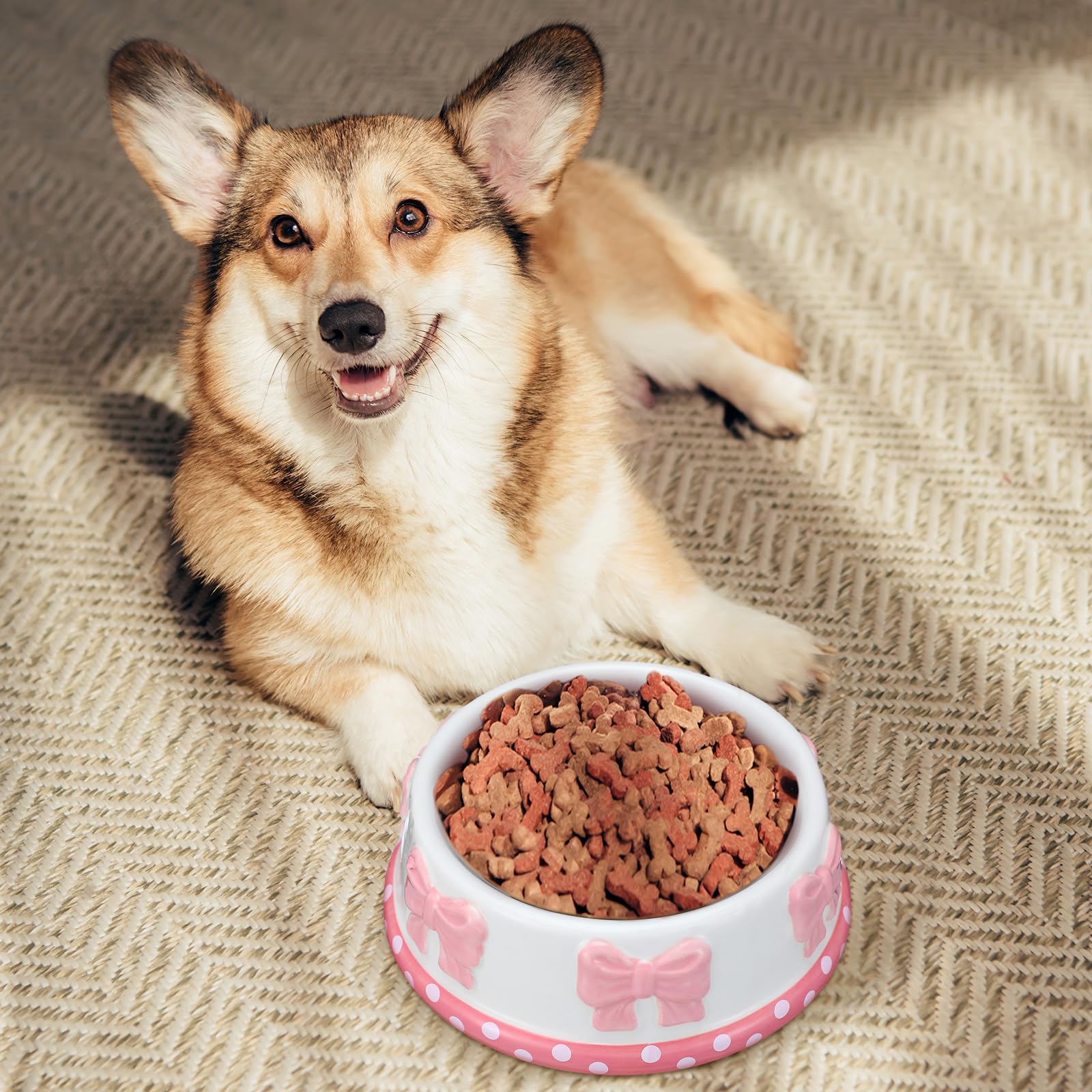 Reallnaive Pink Bow Ceramic Bowl for Small Dog and Cat Cute Bowtie Pet Bowl for Food Water Macaron Pink Dish Pets Feeding Bowls Suitable for Small Cat Dogs( Pcs): 1