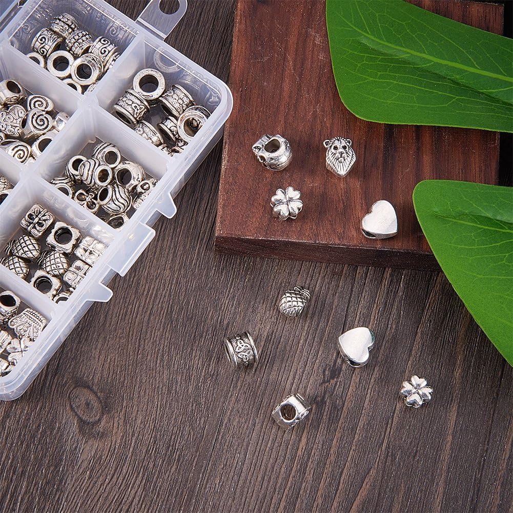 NBEADS 96 Pcs Antique Silver European Beads - 16 Assorted Mixed Shape Tibetan Style Alloy Large Hole Spacer Charms for Bracelet Pendant