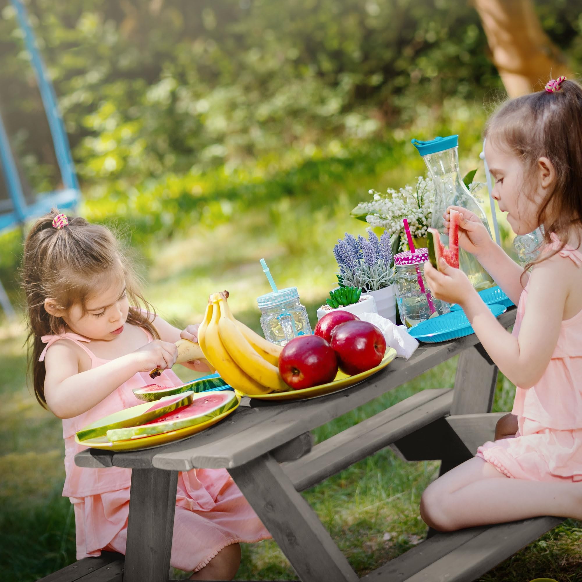 ML-Design Kindersitzgarnitur für Draußen, Grau, Sitzgruppe Outdoor 2 Bänke mit Tisch, Garten Kindersitzgruppe mit 4 Plätzen, Sitzgarnitur für Kinder Massivholz, Picknicktisch Kinder, Spielsitzgruppe