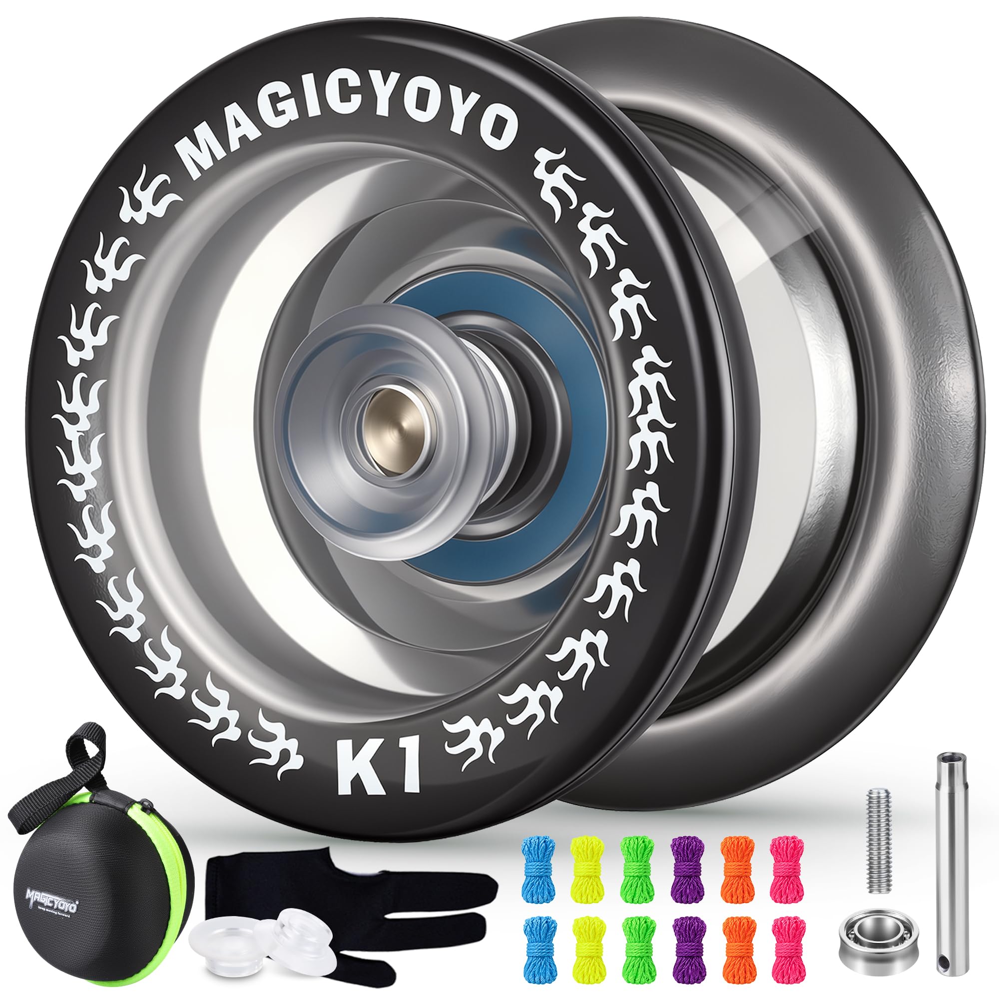 MAGICYOYO Responsive Yoyo K1 Tug Return Yoyo, Hubstacks Yoyo for Kids Beginners Dual Purpose Yoyo with Unresponsive Bearing, Sturdy Storage Bag + 12 Yoyo Strings +Yo-Yo Glove +2 Yoyo Hubstacks(Black)