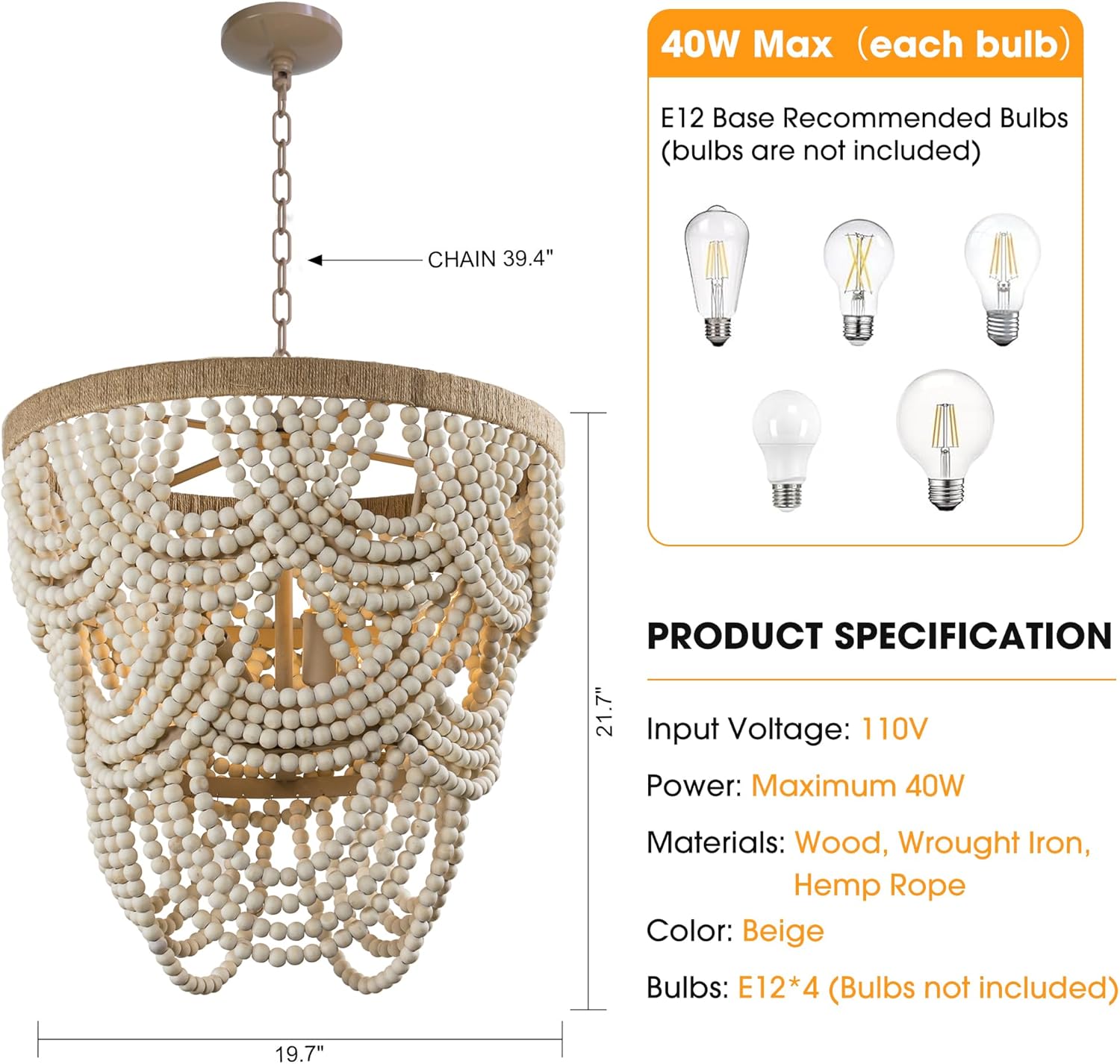 Boho Beaded Chandeliers Rustic Farmhouse Wooden Chandelier Lights, 4-Light Pendant Light Fixture for Dining Room Living Room, 39.4" Adjustable Chain, E12 Socket, 40W Max Each (Bulbs Not Included)