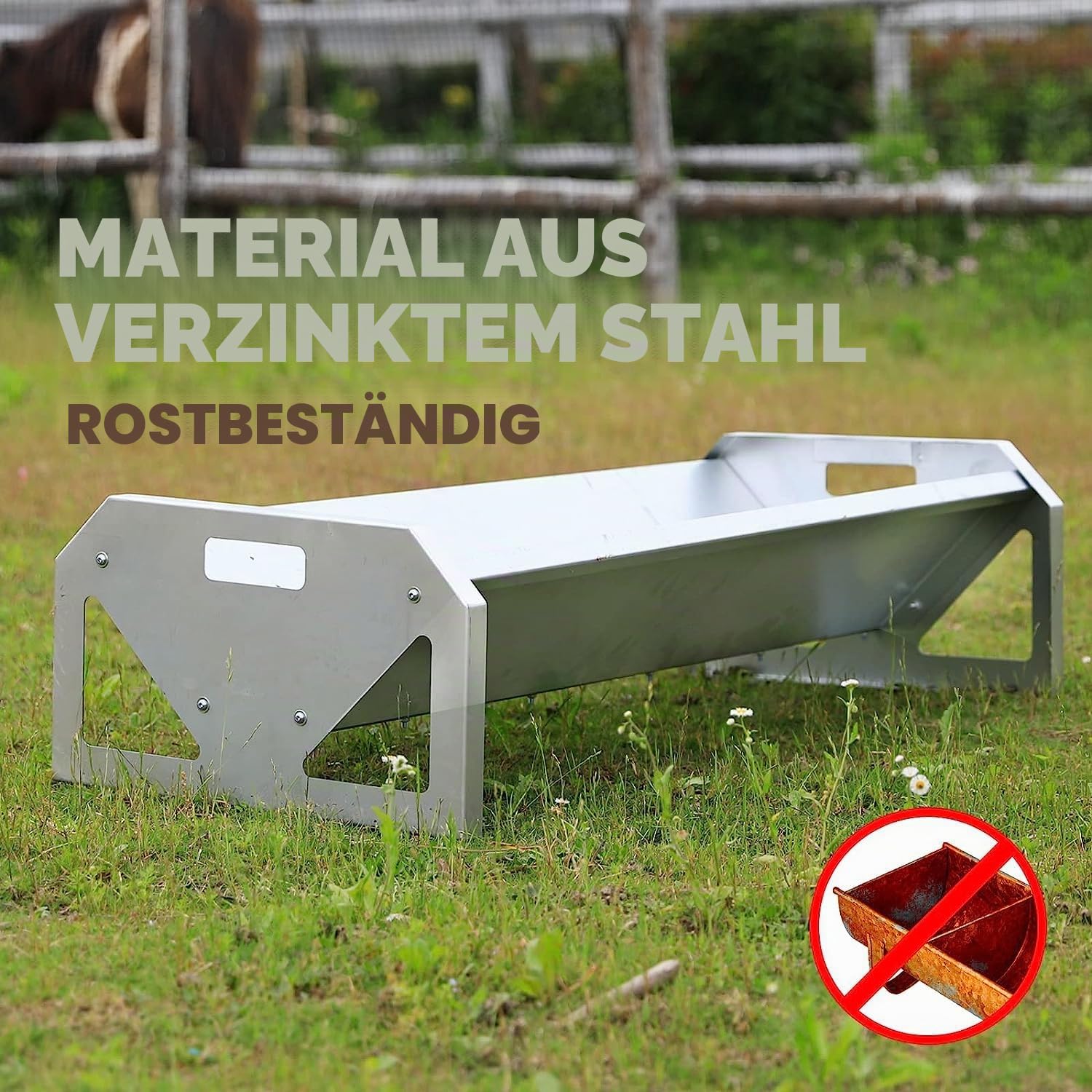 Tragbarer Futtertrog aus verzinktem Stahl, 114,3 cm lang, robust, große Kapazität, leicht zu reinigen, für Kälber, Schafe, Pferde, Alpakas und Ziegen, B807A02