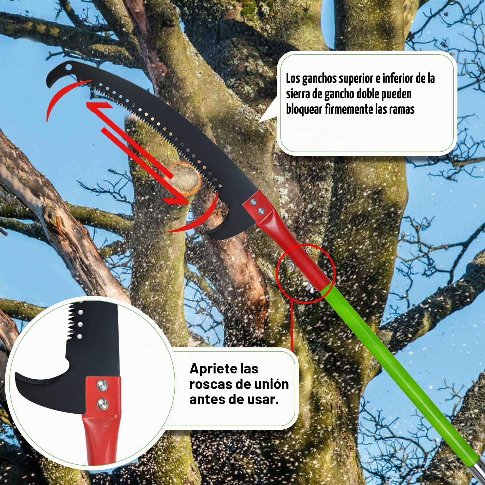 Sierra de podar manual, mango de 8 m, longitud ajustable. Herramientas, pértiga telescópica para poda de palmeras, largo alcance, bolsa de transporte. Corta limpio y rápido ramas altas, con tijera A