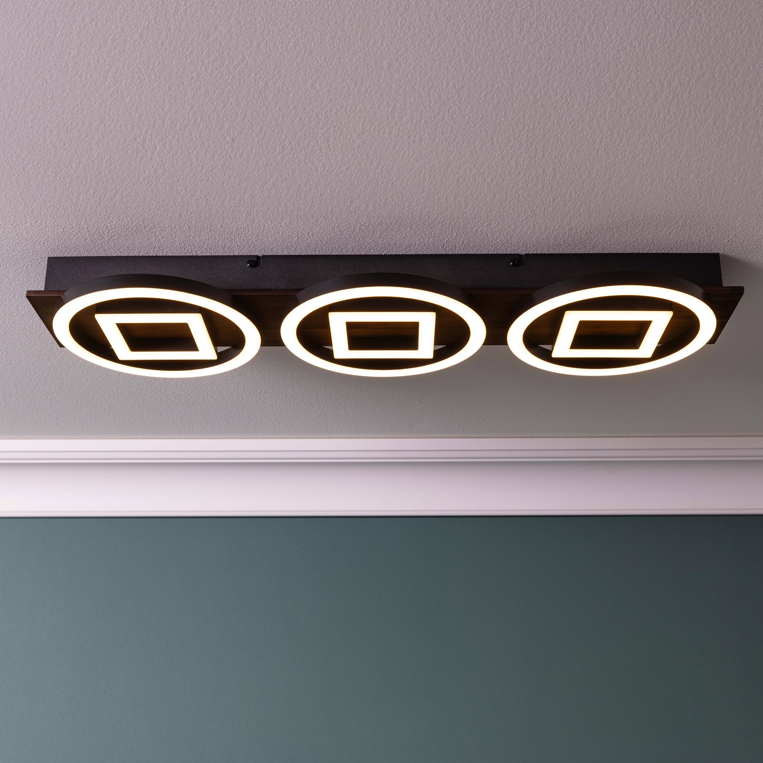Lightbox Plafón LED regulador de intensidad de 3 niveles y perfil LED redondo - Plafón Nature - 7 x 67 x 20 cm - 36 W, 3500 lm, 3000 K - de metal/madera/plástico - en marrón oscuro/negro mate