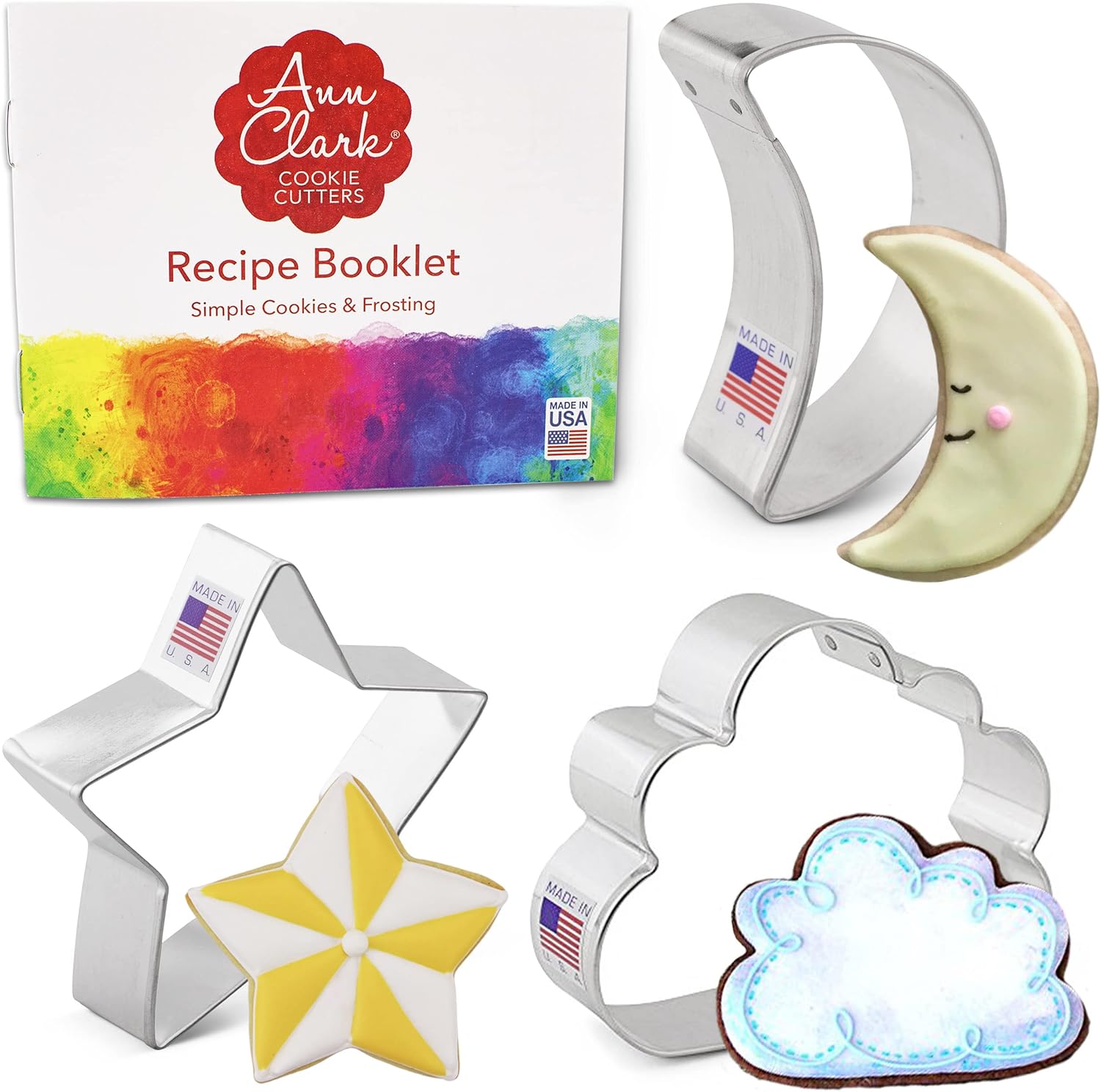 Ann Clark Celestial Cookie Cutters Set of 3, Made in USA | Includes: Star, Moon, Cloud, Perfect Size and Shape, America's Largest Cookie Cutter Maker, Food-Safe American Steel