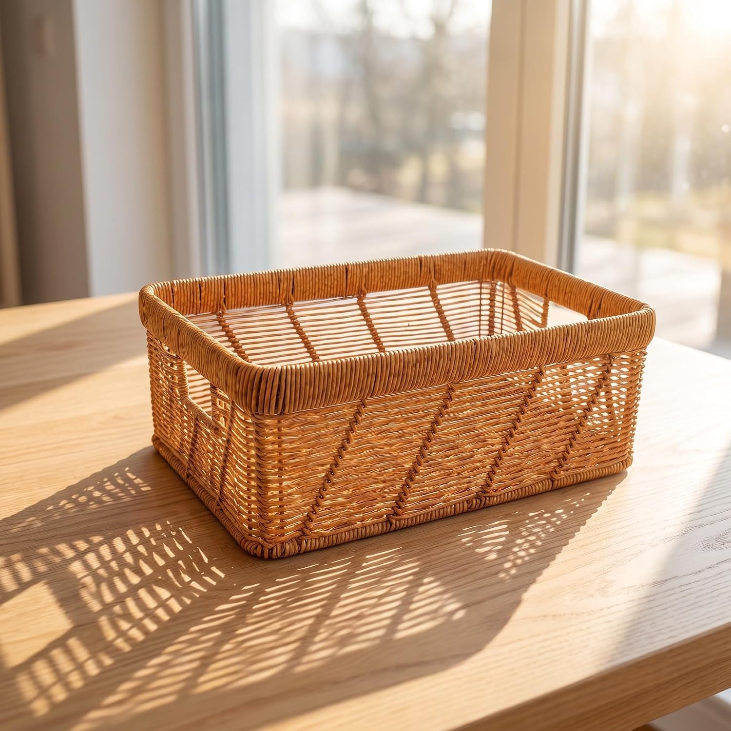 PRETYZOOM Rectangular Faux Rattan Storage Basket with Handle, Portable Plastic Woven Bin for Magazines and Documents, Visible Storage Solution for Office and Closet Shelves Organization