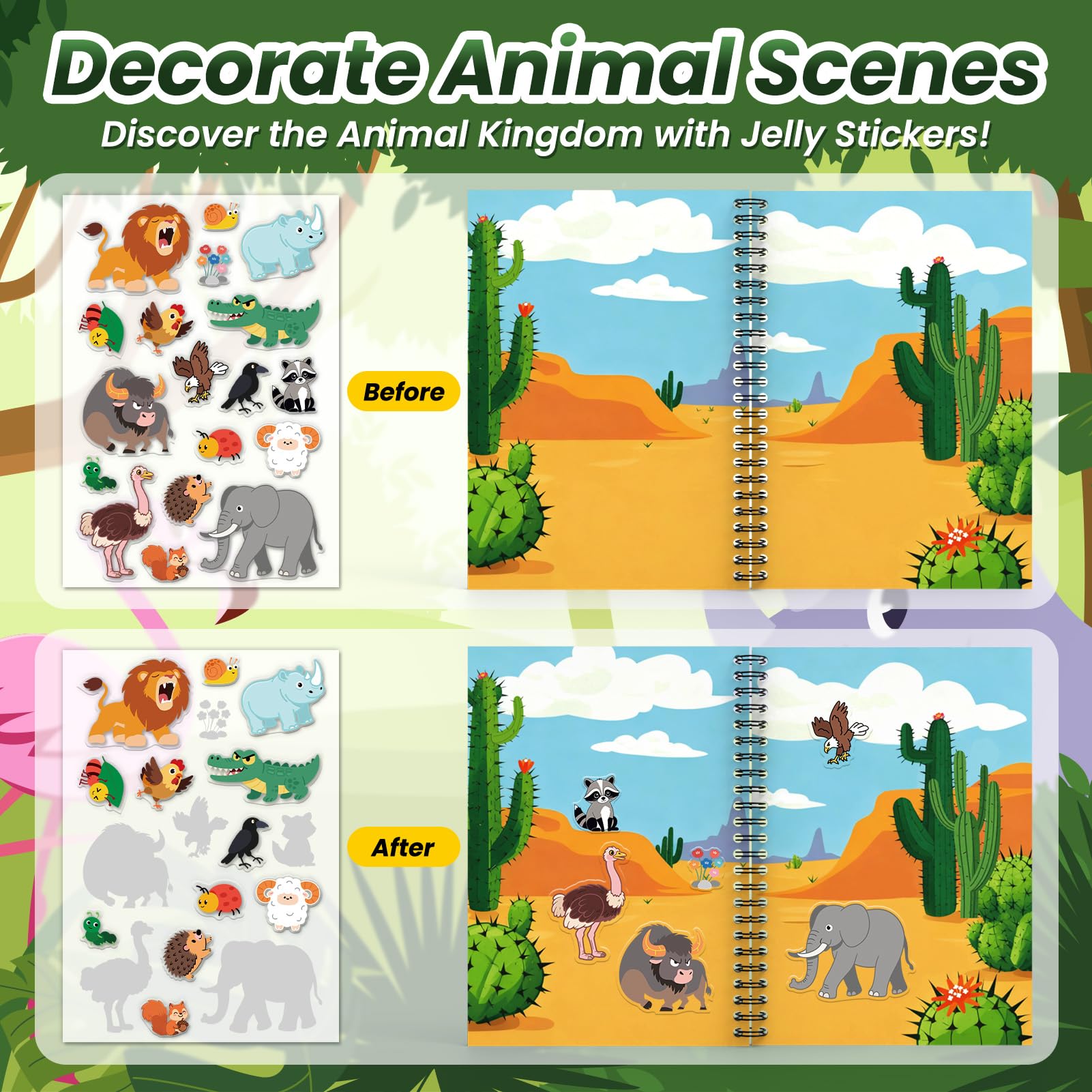 Libro de calcomanías reutilizable de animales para niños pequeños, calcomanías de gelatina divertidas para hacer una cara, calcomanías lavables y hinchadas para niños, juguetes para niños, viajes en