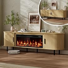 80" Fluted Fireplace TV Stand for TVs Up to 90 inches, Modern Entertainment Center with 36" Electric Fireplace, Wooden Curved TV Console with Sliding Doors for Living Room, Natural Oak