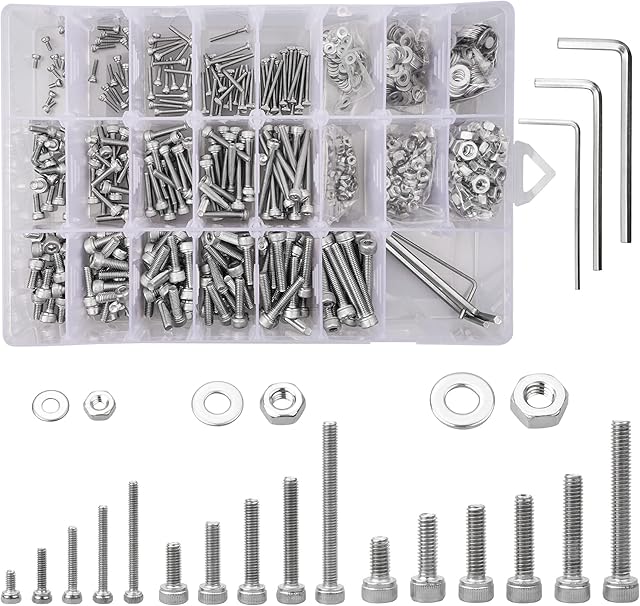 960Pcs 304 Stainless Steel Hex Socket Head Cap Screws Assortment M2 M3 M4 Hexagon Bolt and Nuts Flat Washers Machine Set Kit with Allen Key