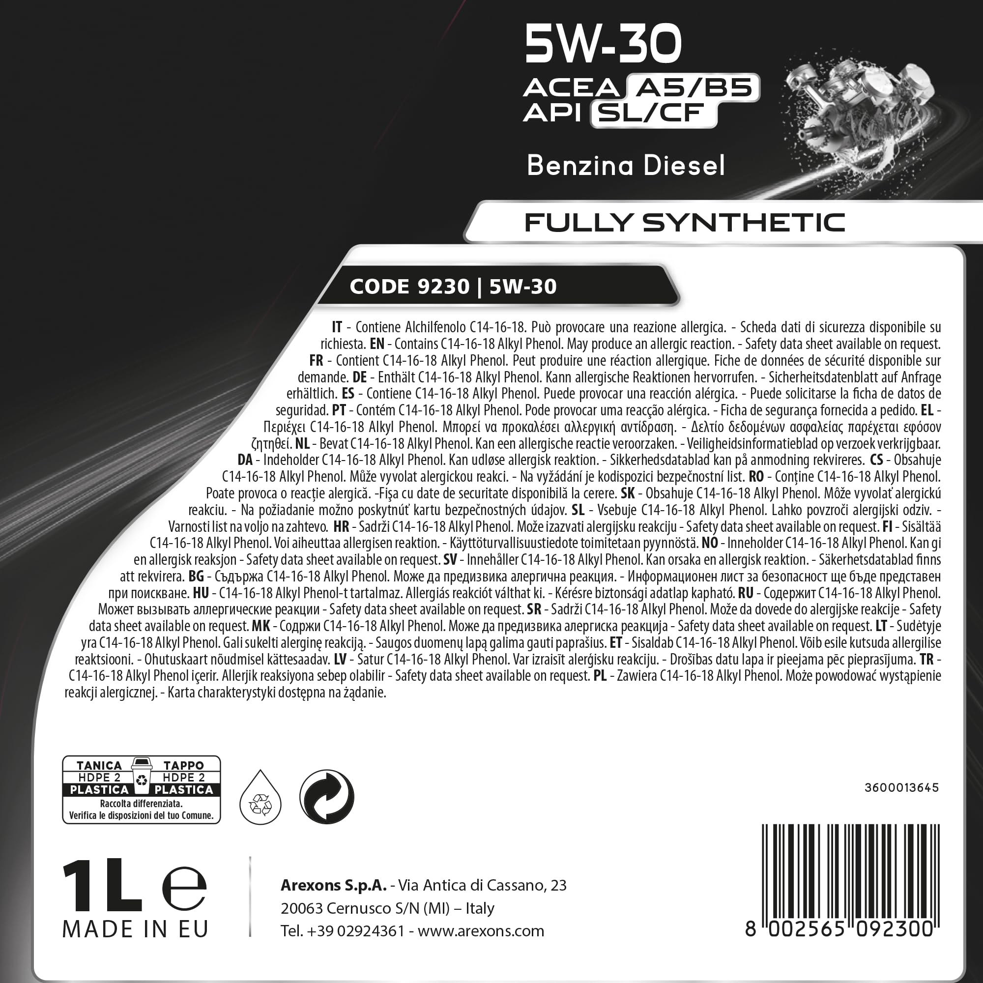 AREXONS Aceite de motor 5W-30 4L sintético, reduce el consumo, apto para motores de última generación, aceite de motor universal gasolina y diésel