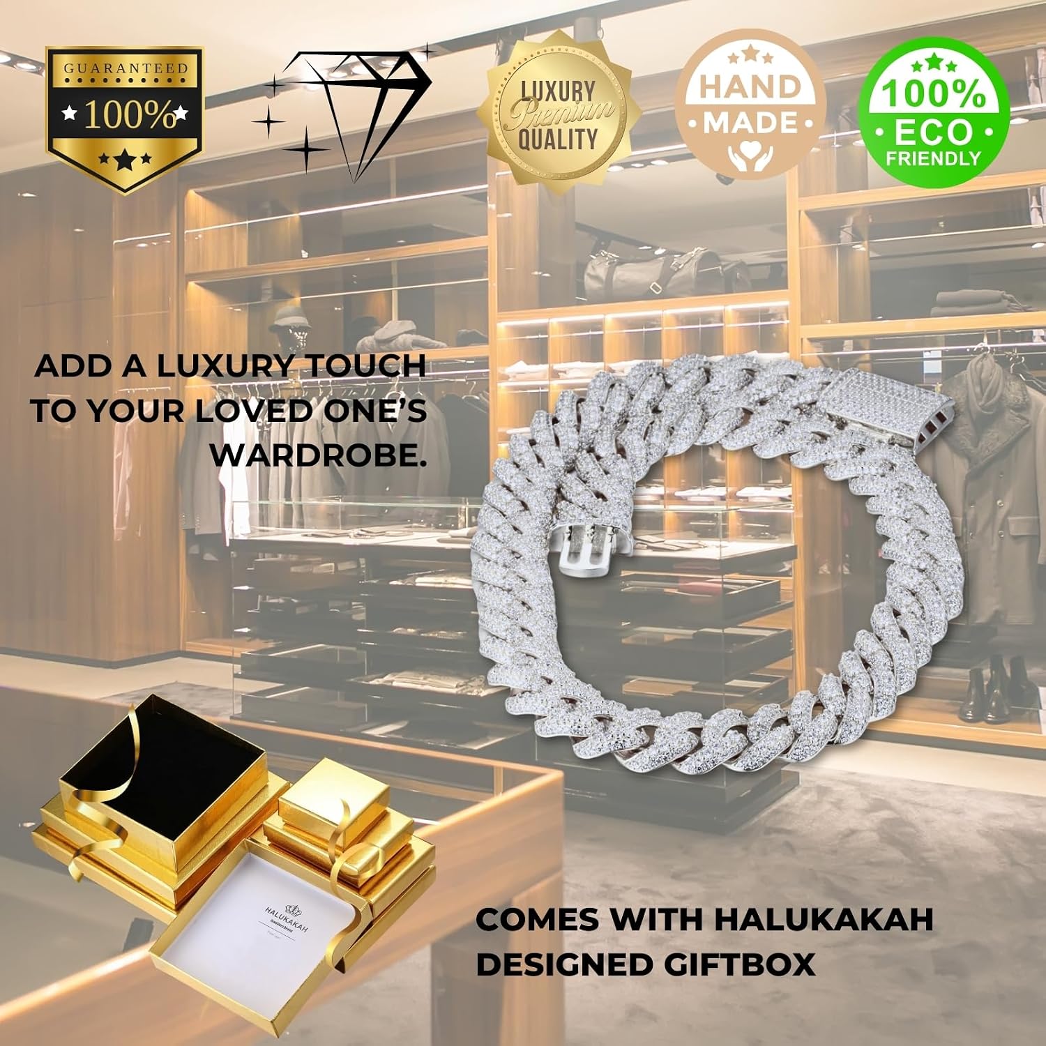 Halukakah VVS Moissanite Cuban Link Chain for Men | 18k Real Gold/Platinum Plated | 18mm Big Heavy Miami Diamond Gold Chain | Fully Iced Out Bracelet Necklace with Box Lock Clasp | Jewelry for Him