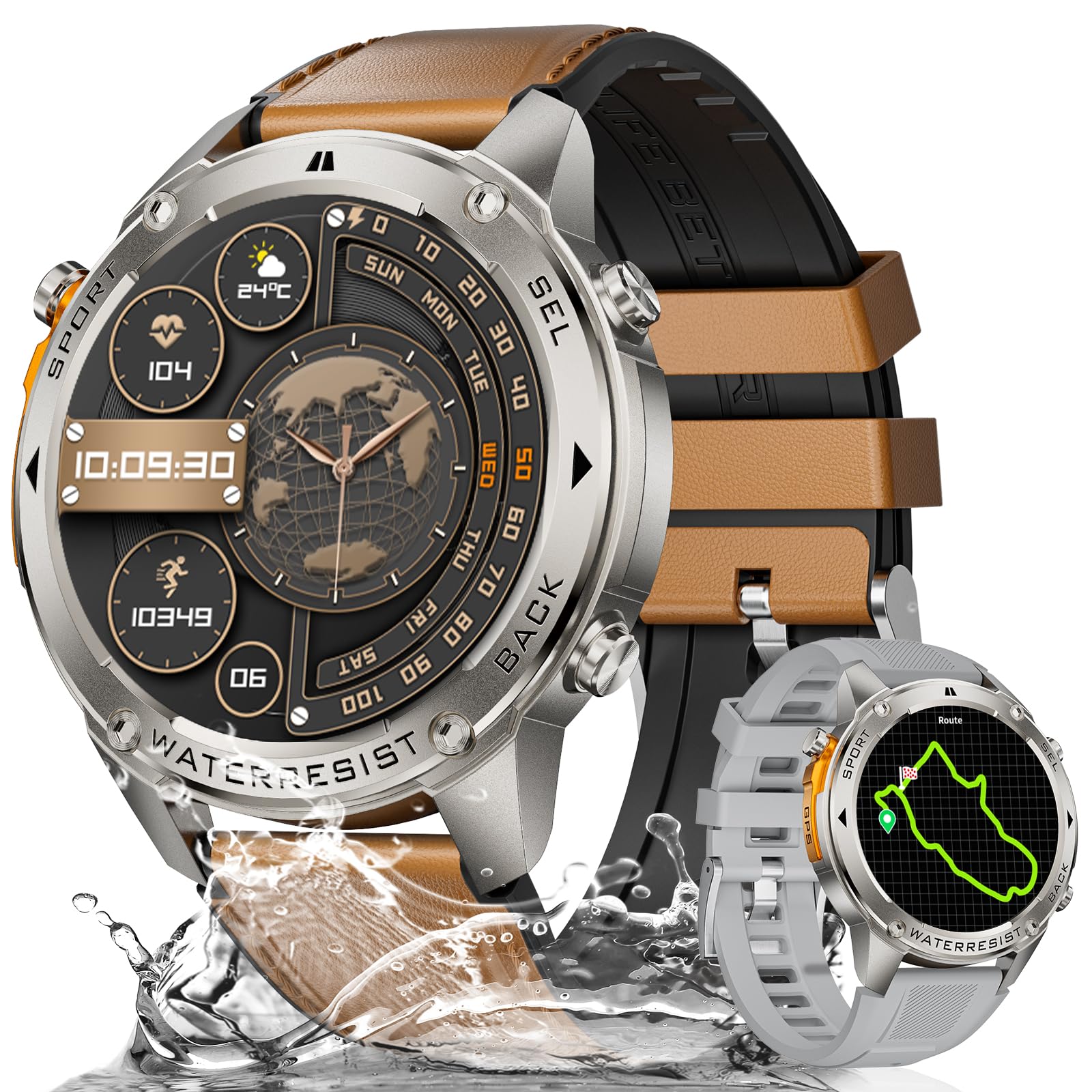 LIGE DM2-1.43''Reloj Inteligente Hombre con GPS/Brújula/Barómetro Presión/Altímetro, 170+ Modos Deportivos, 5 ATM Impermeable, Smartwatch Hombres con Frecuencia Cardíaca, SpO2, Marrón-Cuero