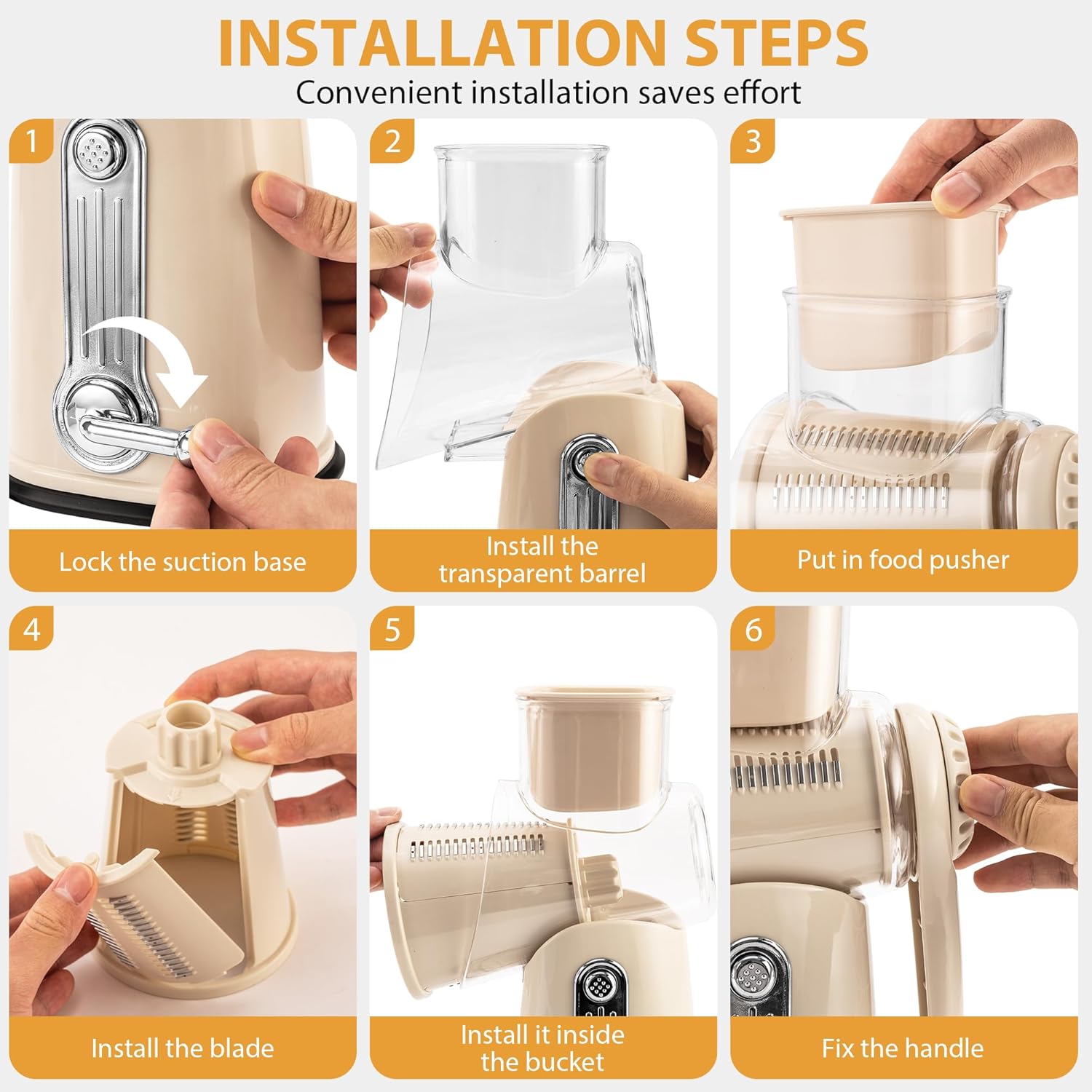Pukomc Rotary Cheese Grater with Handle- 5 Blades, Suction Base, Mandoline Slicer & Veg Shredder with Blade Storage Box(Beige)