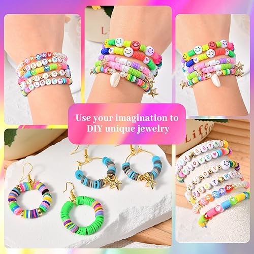 Miniatura 6 de DEARCCINO Kit de fabricación de pulseras de arcilla de 7200 piezas, 2 cajas de 24 colores, cuentas planas de preparación para joyería de amistad,
