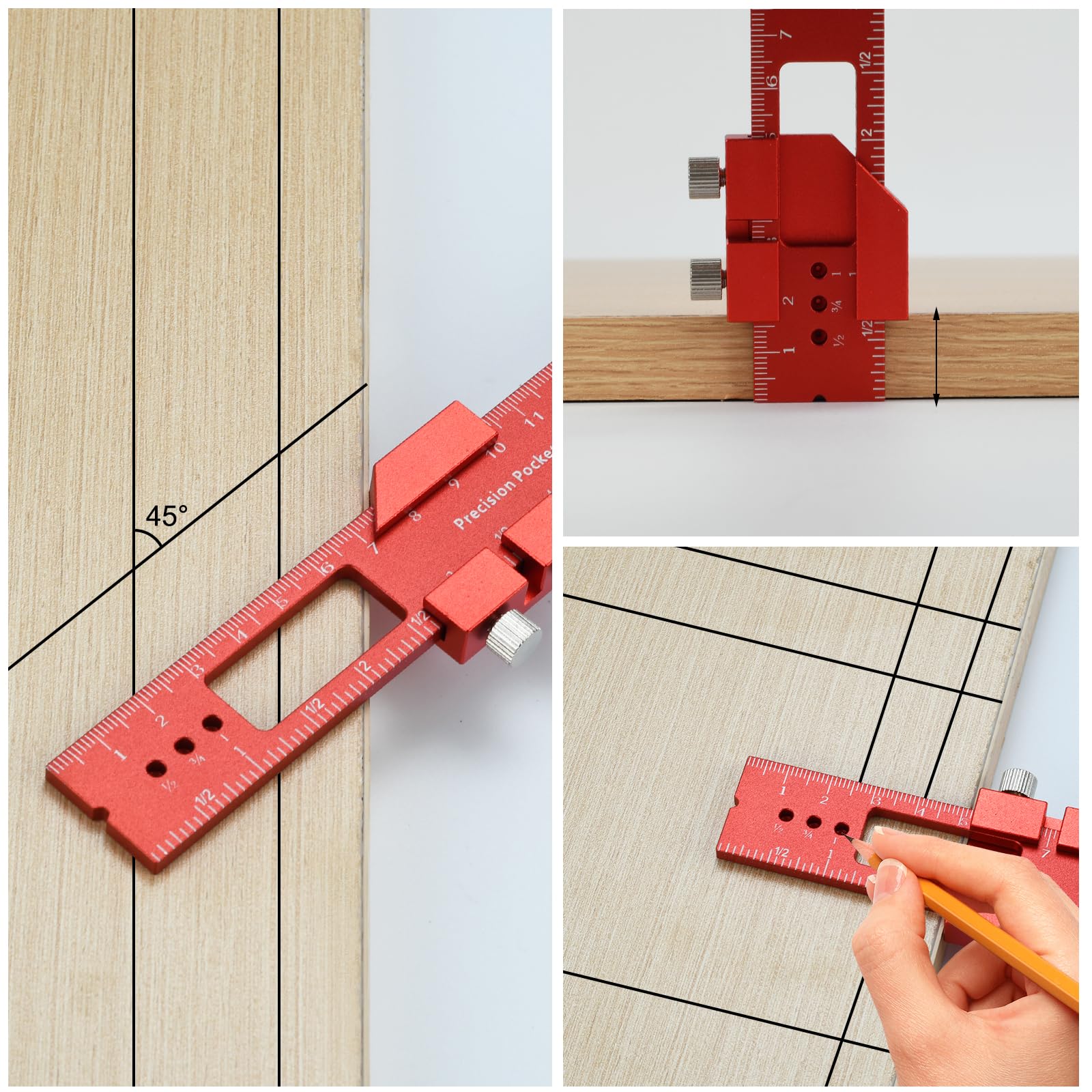 Pocket Ruler Woodworking T-Ruler 3pcs Aluminum Woodworking Rulers Scribing Ruler with Metric/Inch Measurements (Red) — Amazon image 3
