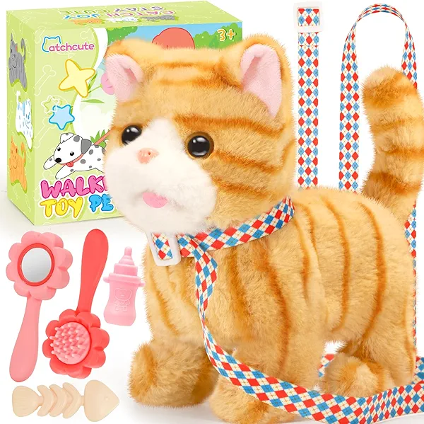 CatchCute Plush Toys Cat for Kids with Leash, Interactive Electronic Kitty That Walking,Meowing, and Tail Wagging, Stuffed Cat Christmas Birthday Gift for Boys and Girls